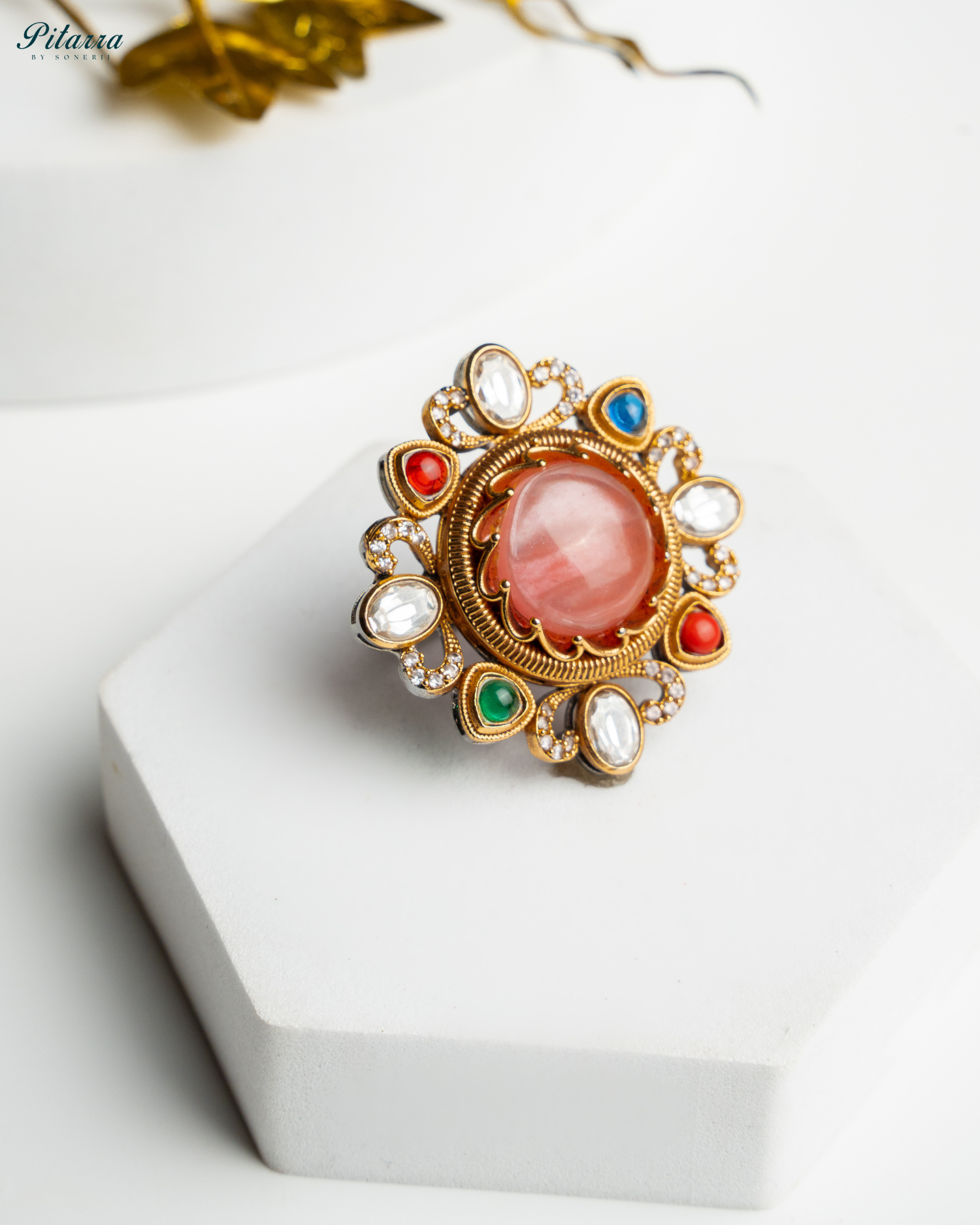 Multicolor Peach Stone Fusion Ring Luxury Fusion Jewelry Side Angle Shoot