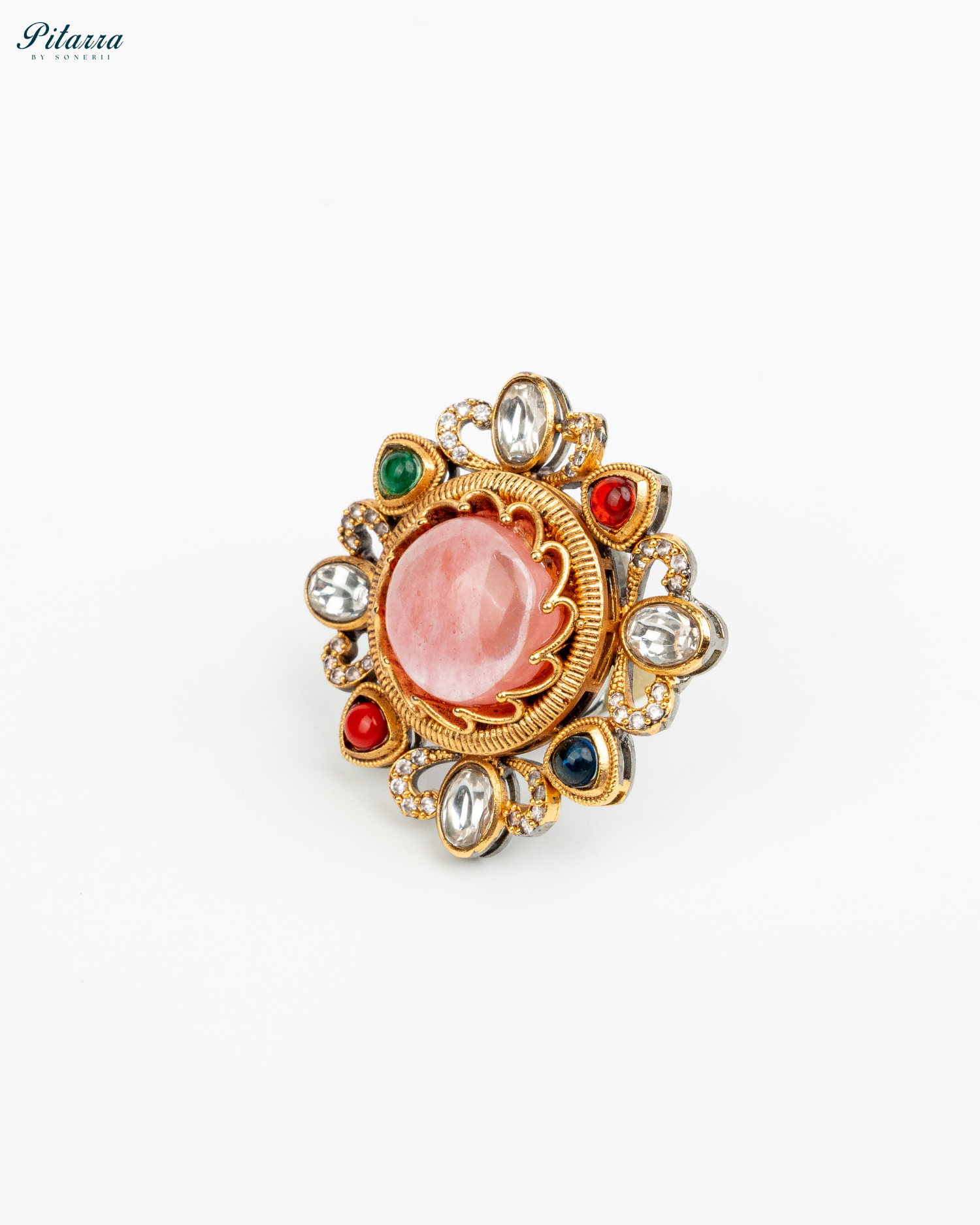 Multicolor Peach Stone Fusion Ring Luxury Fusion Jewelry White Side Shoot