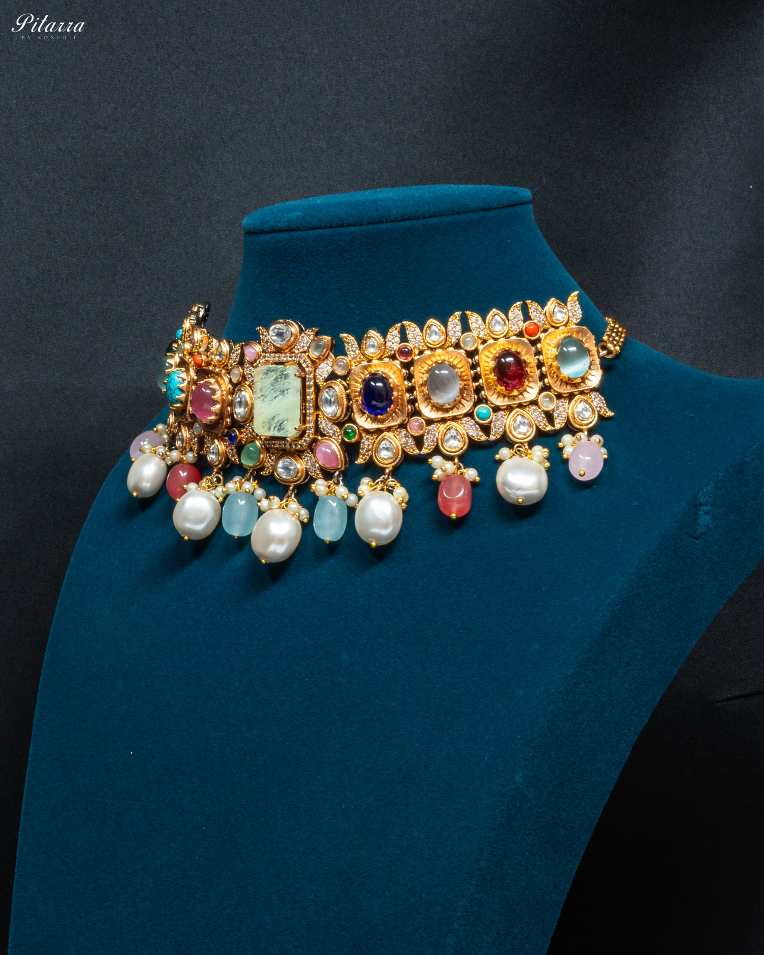 Navaratna with Lime Yellow Doublet Centre Stones Choker Set_Side Angle