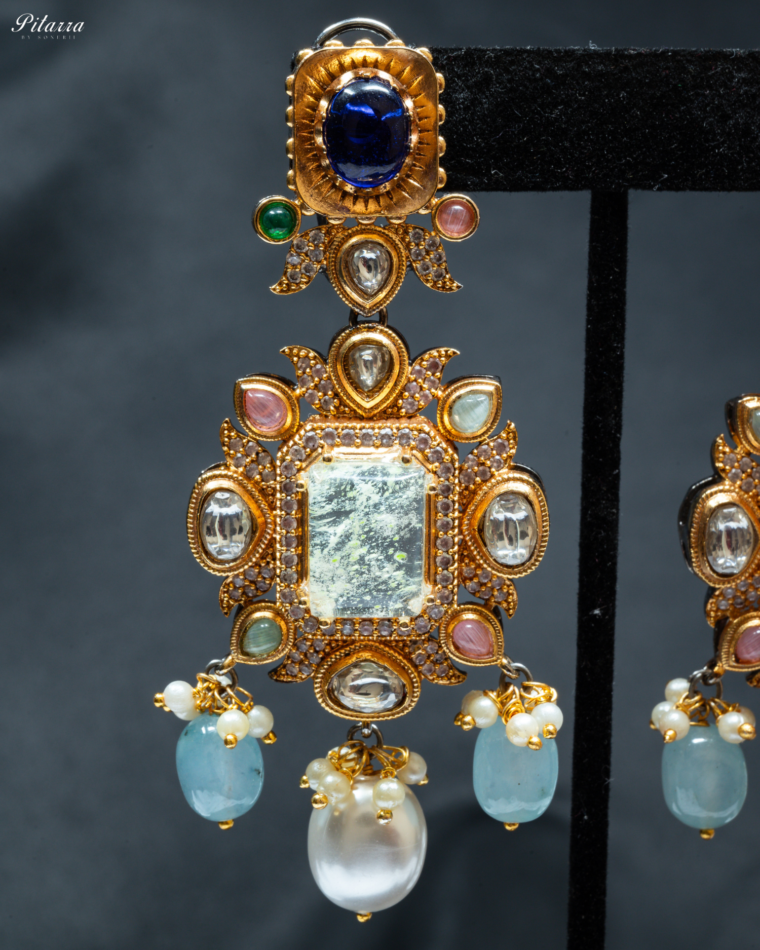 Navaratna with Lime Yellow Doublet Centre Stones Choker Set_Zoom Earrings