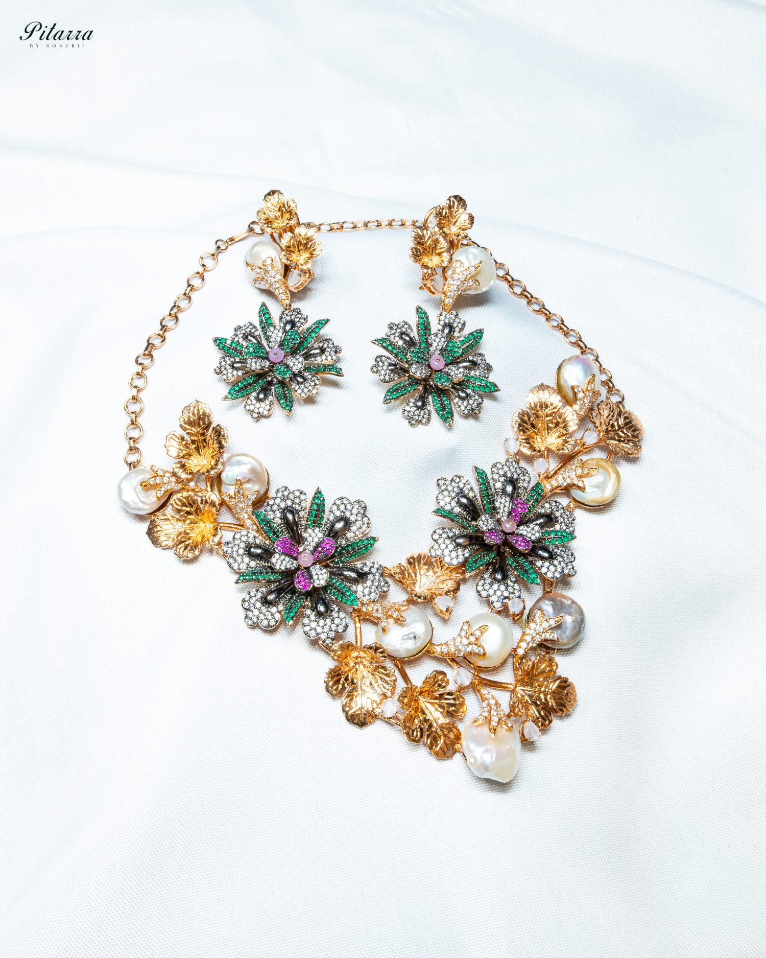 Orchid Flower in Dual Tone Polish Necklace set_White Background
