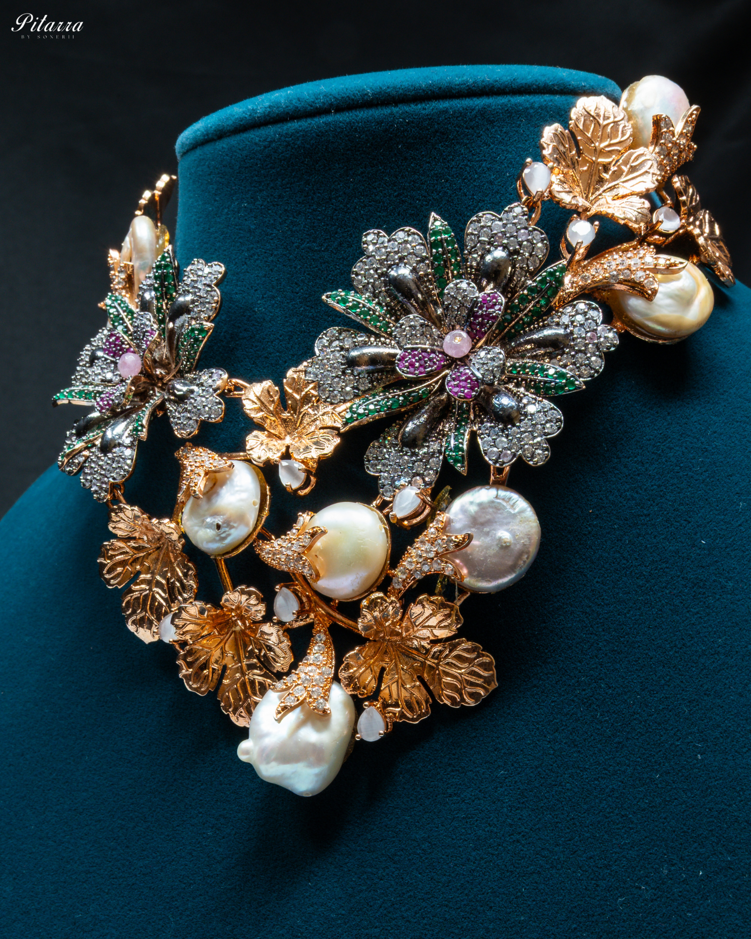 Orchid Flower in Dual Tone Polish Necklace set_Zoom Angle