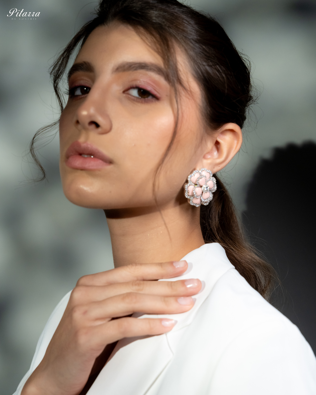 Peach CZ Stud Silver Earrings_Side
