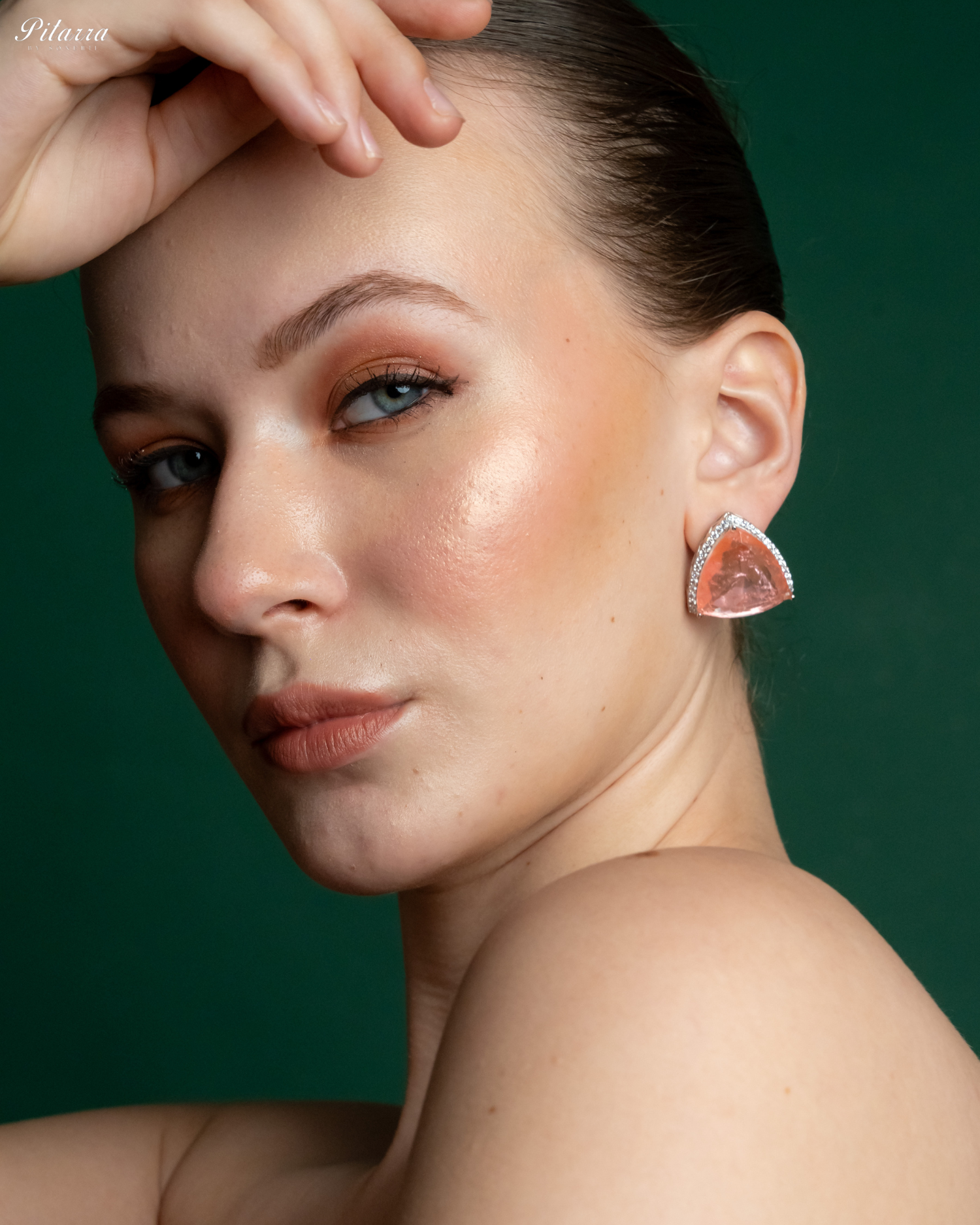 Peachy Pink Colored Stone CZ Earrings_Side Pose