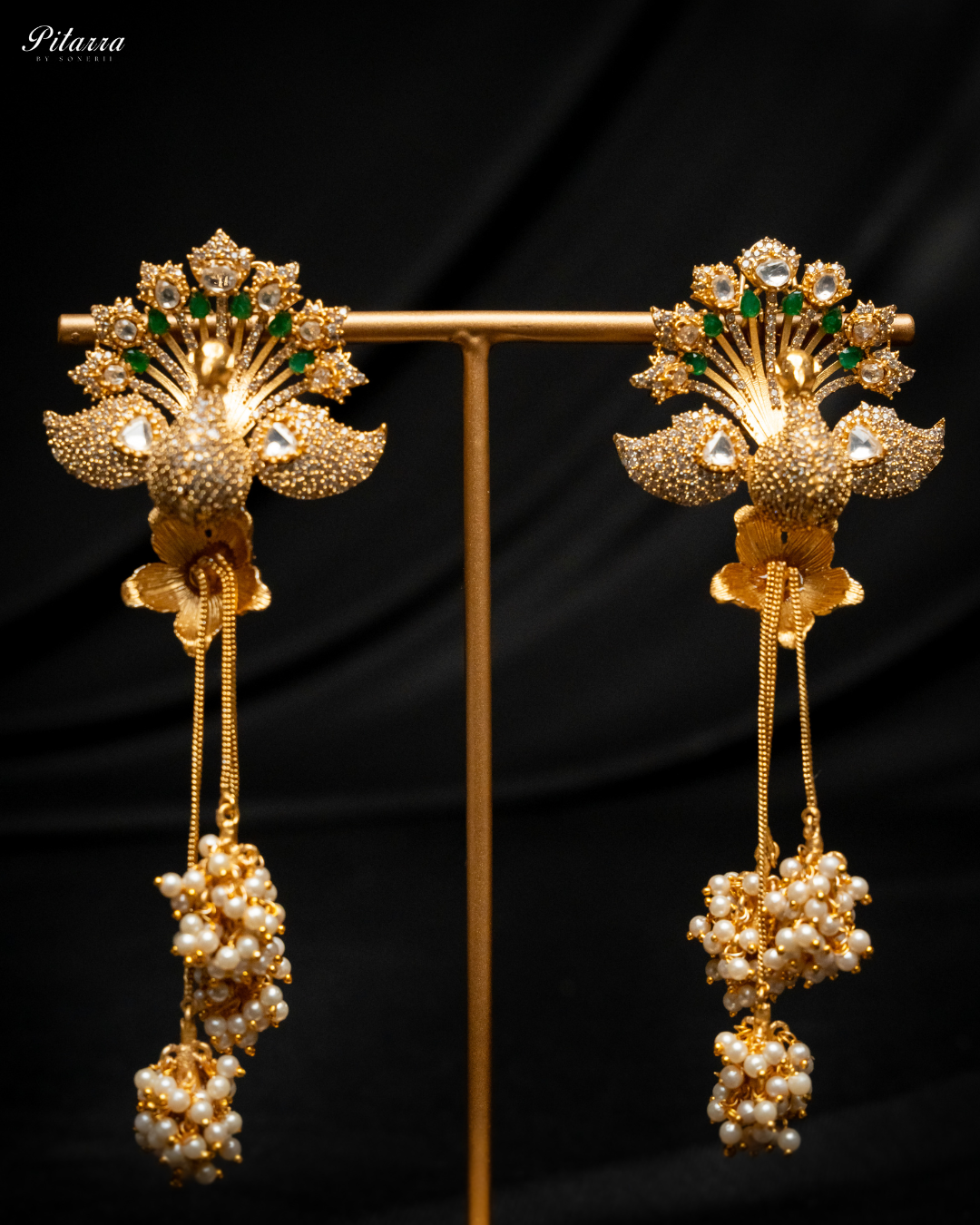 Peacock Design Gold Kundan Earrings_Front Image