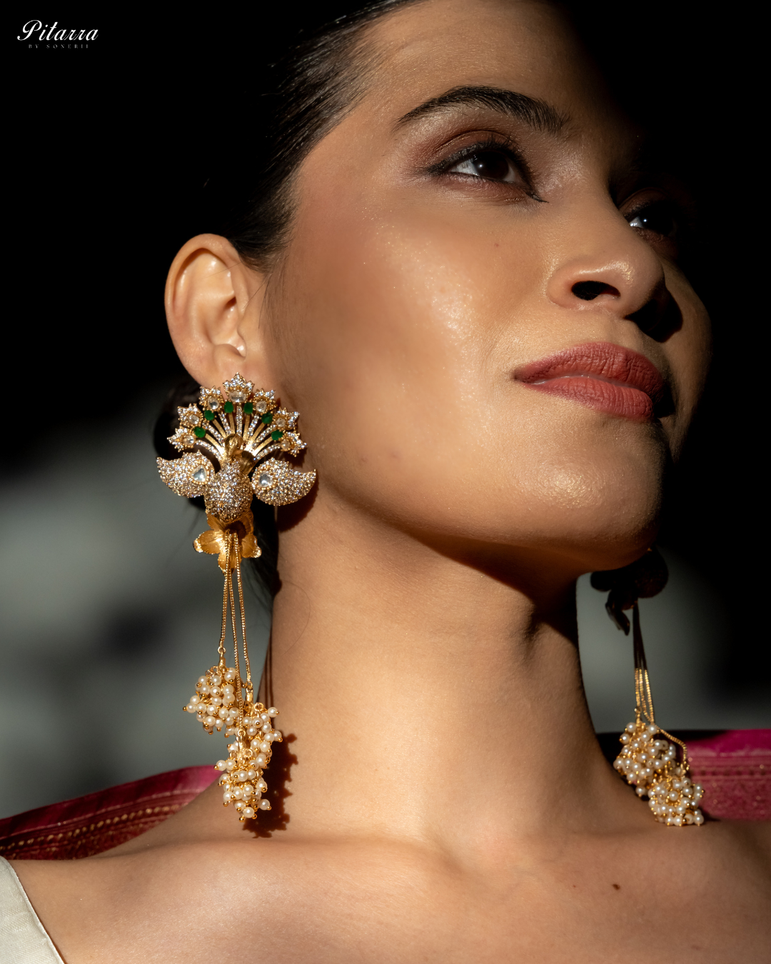 Peacock Design Gold Kundan Earrings_Right Angle
