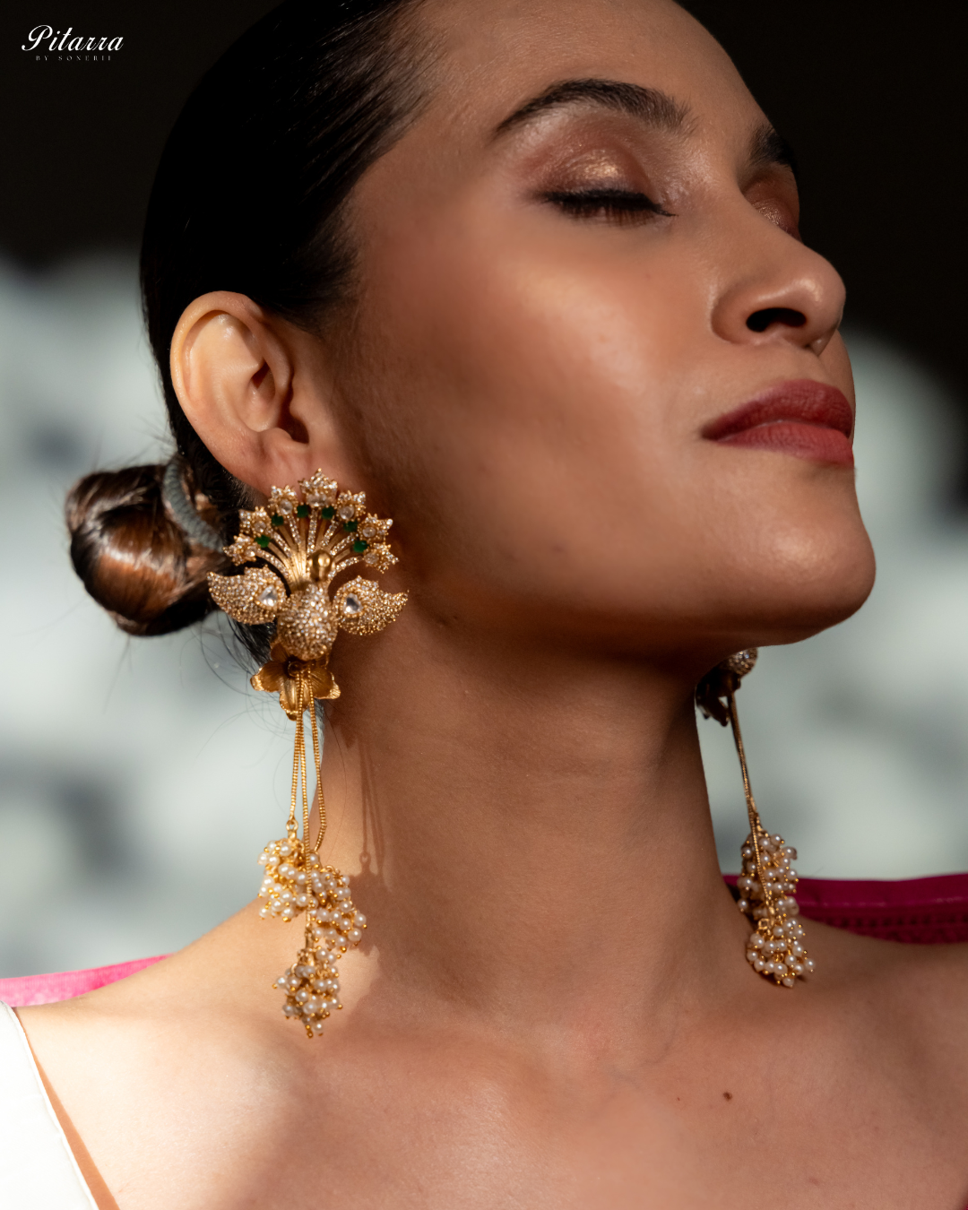 Peacock Design Gold Kundan Earrings_Side Pose