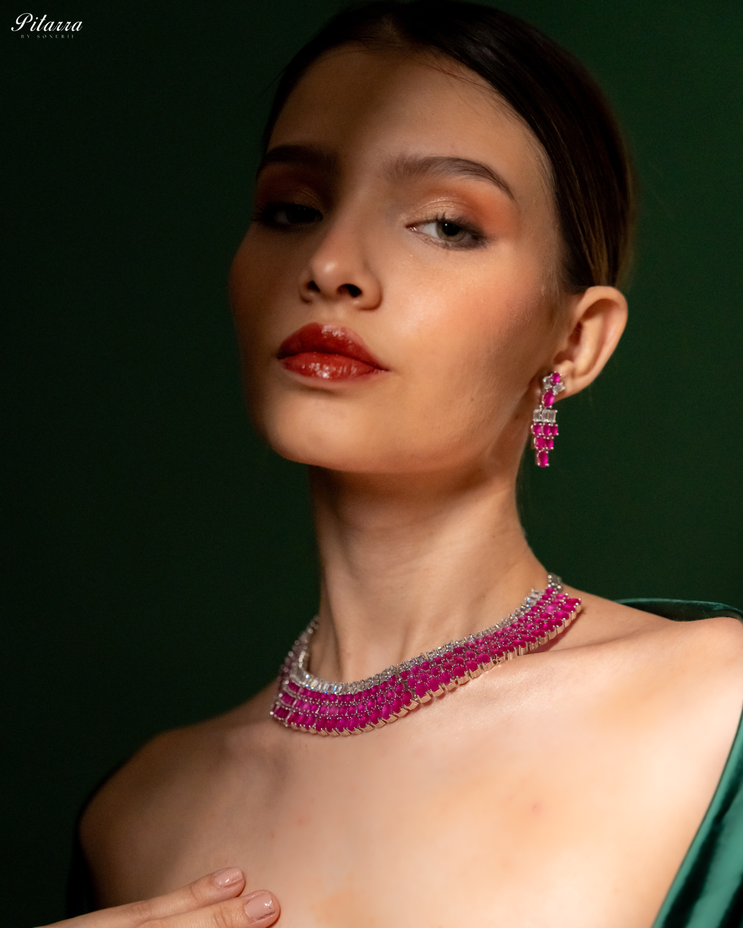 Pink Layer Silver CZ Necklace Set_Side Pose