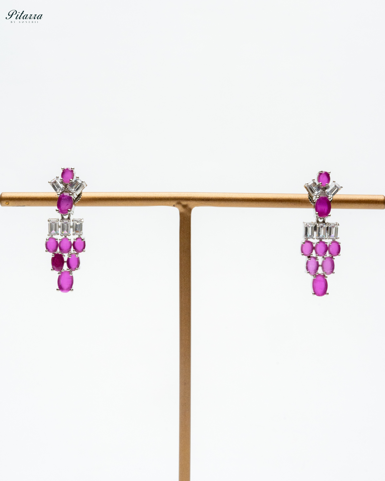Pink Layer Silver CZ Necklace Set_White Background Earrings