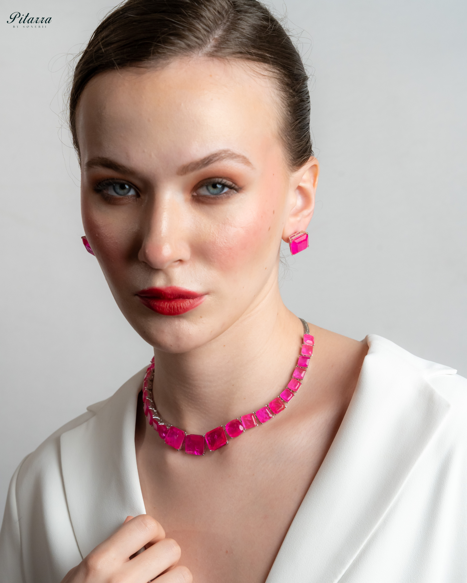 Pink Square Cubic Zirconia Necklace Set_Front Angle