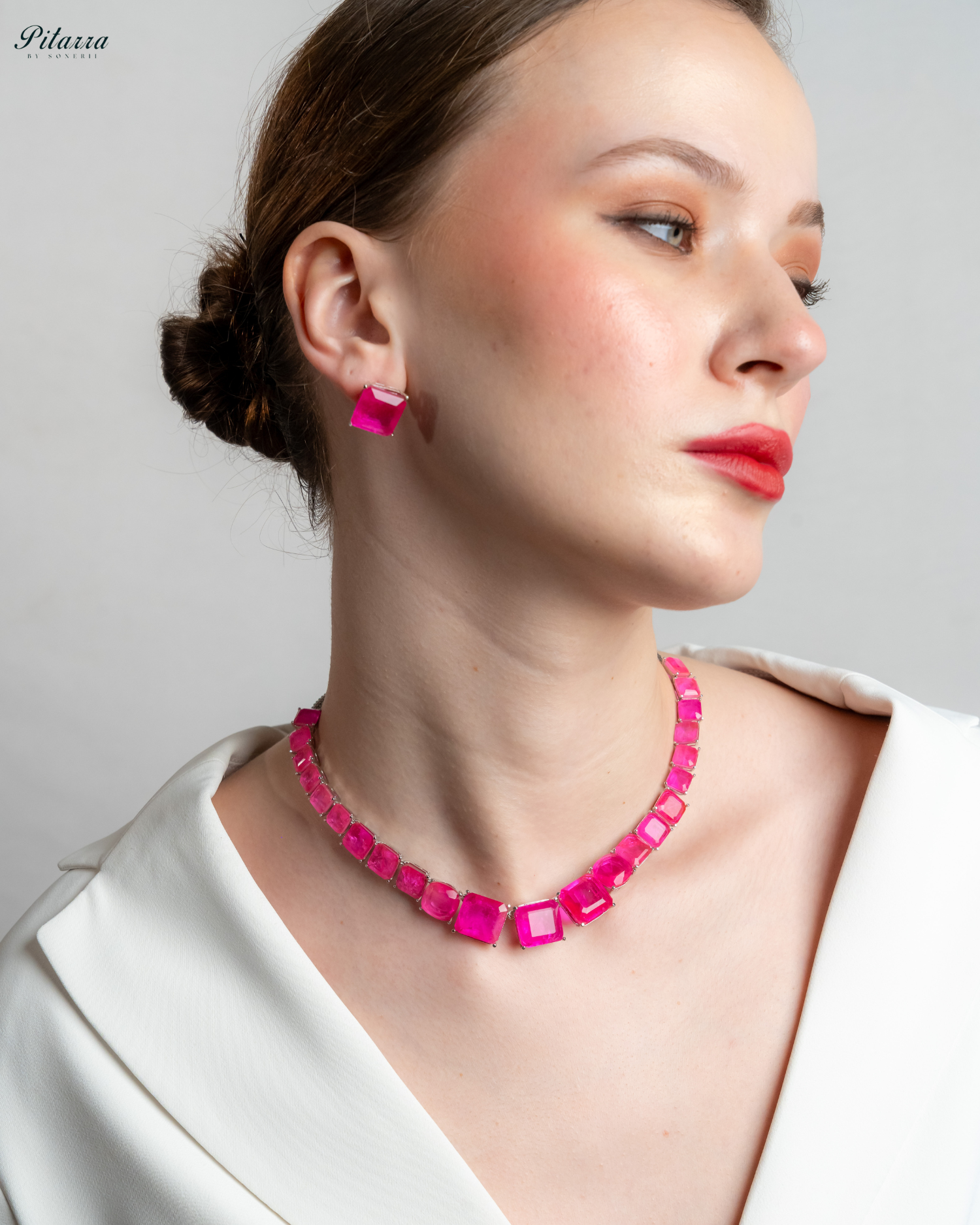 Pink Square Cubic Zirconia Necklace Set_Side Pose
