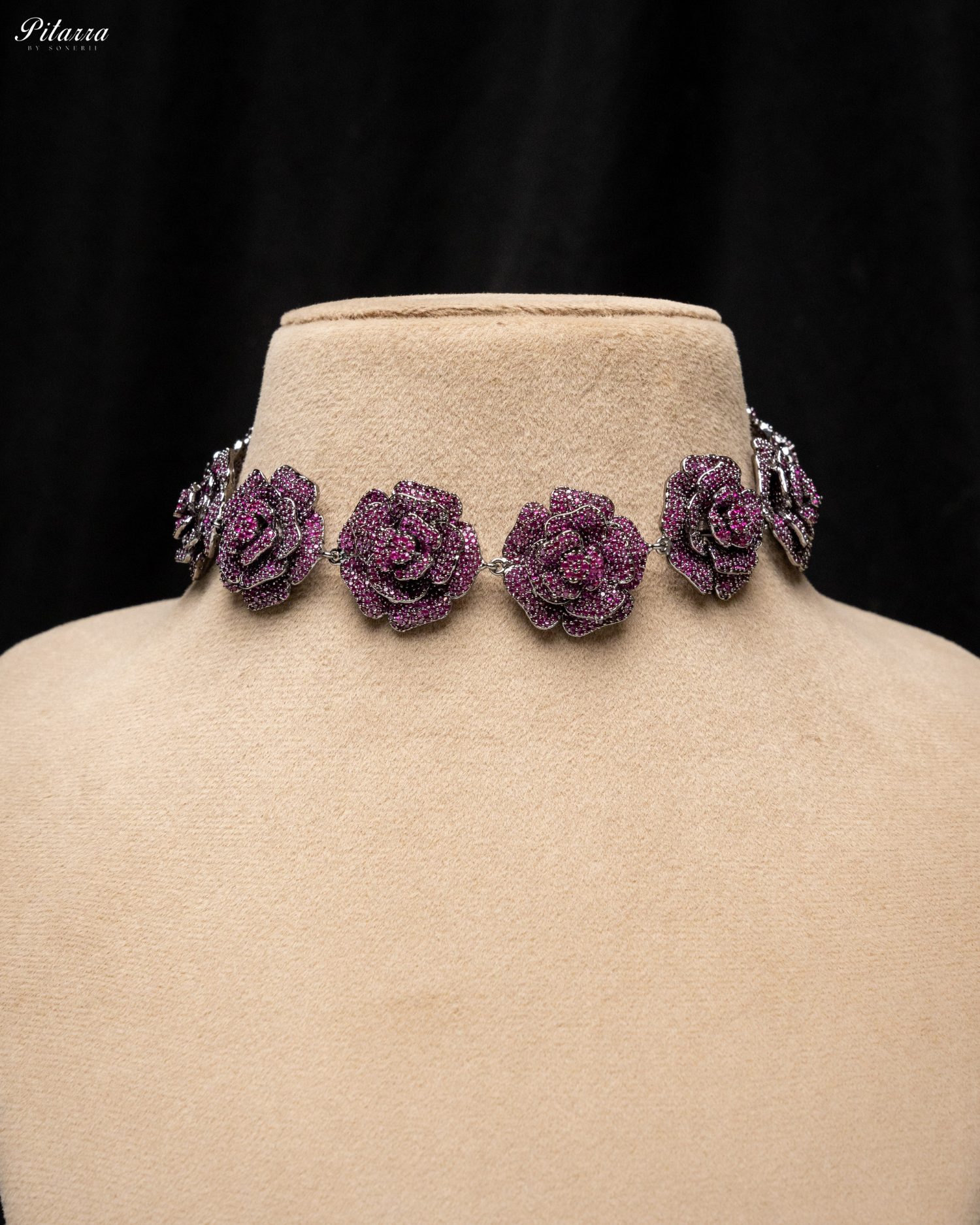 Pink Tone Flower CZ Choker Set with Ring_Necklace
