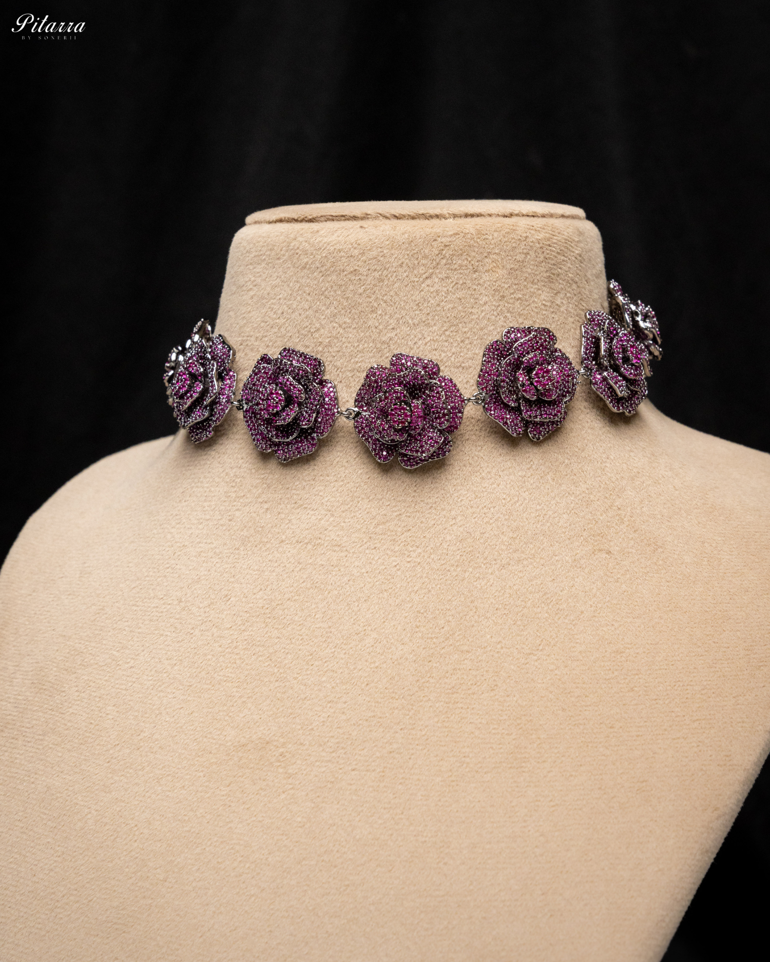 Pink Tone Flower CZ Choker Set with Ring_Necklace Side Image