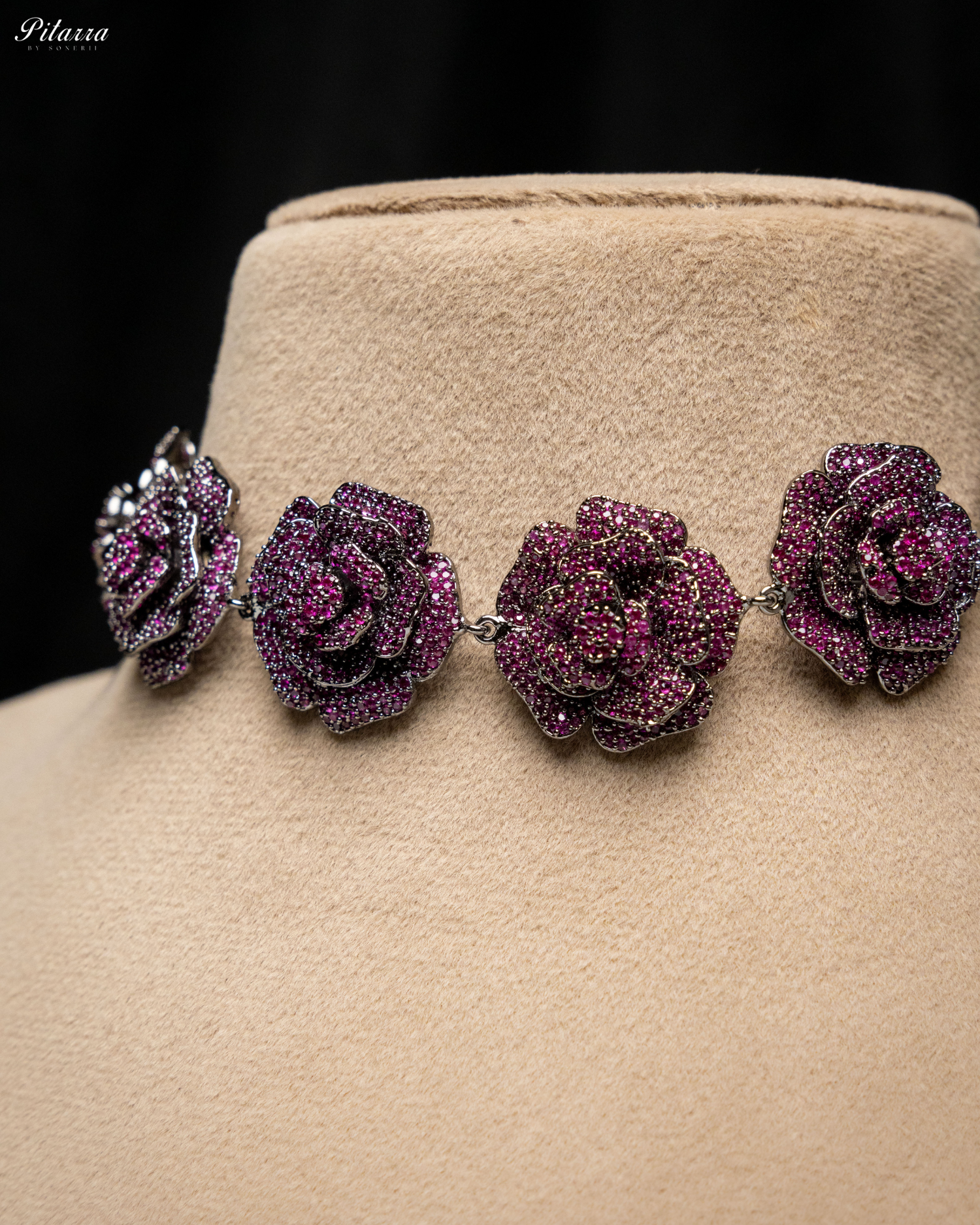 Pink Tone Flower CZ Choker Set with Ring_Zoom Angle