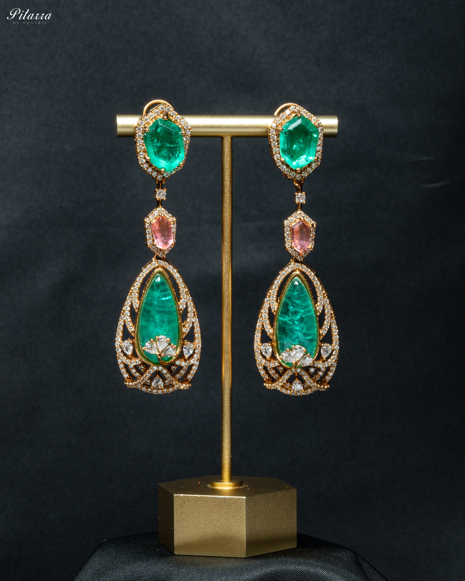 Pink and Green Doublet Stone with CZ Necklace Set_Earrings