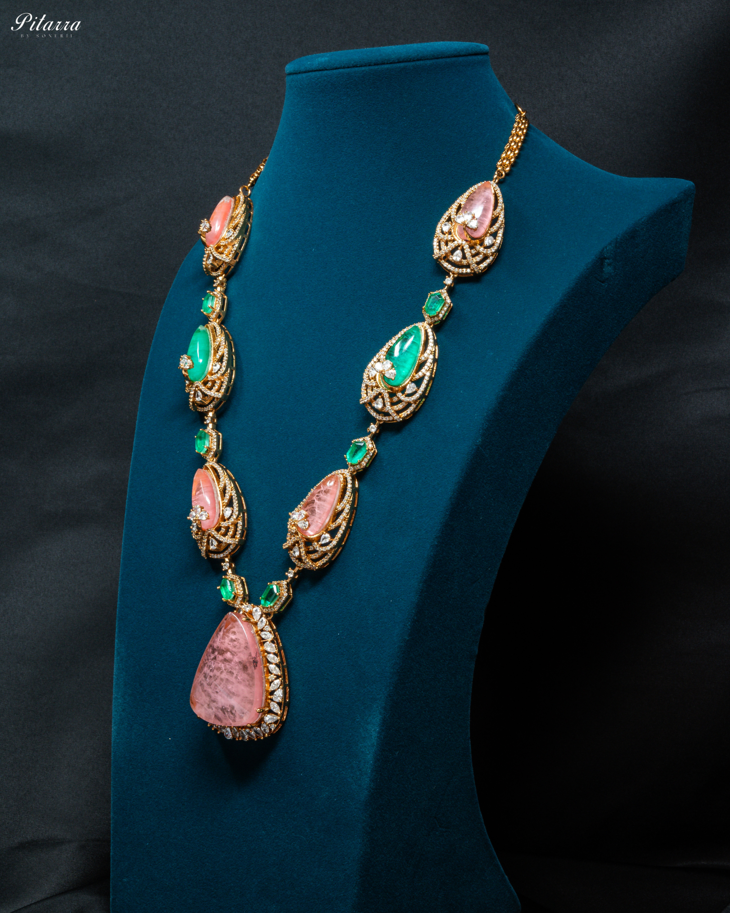 Pink and Green Doublet Stone with CZ Necklace Set_Side Angle