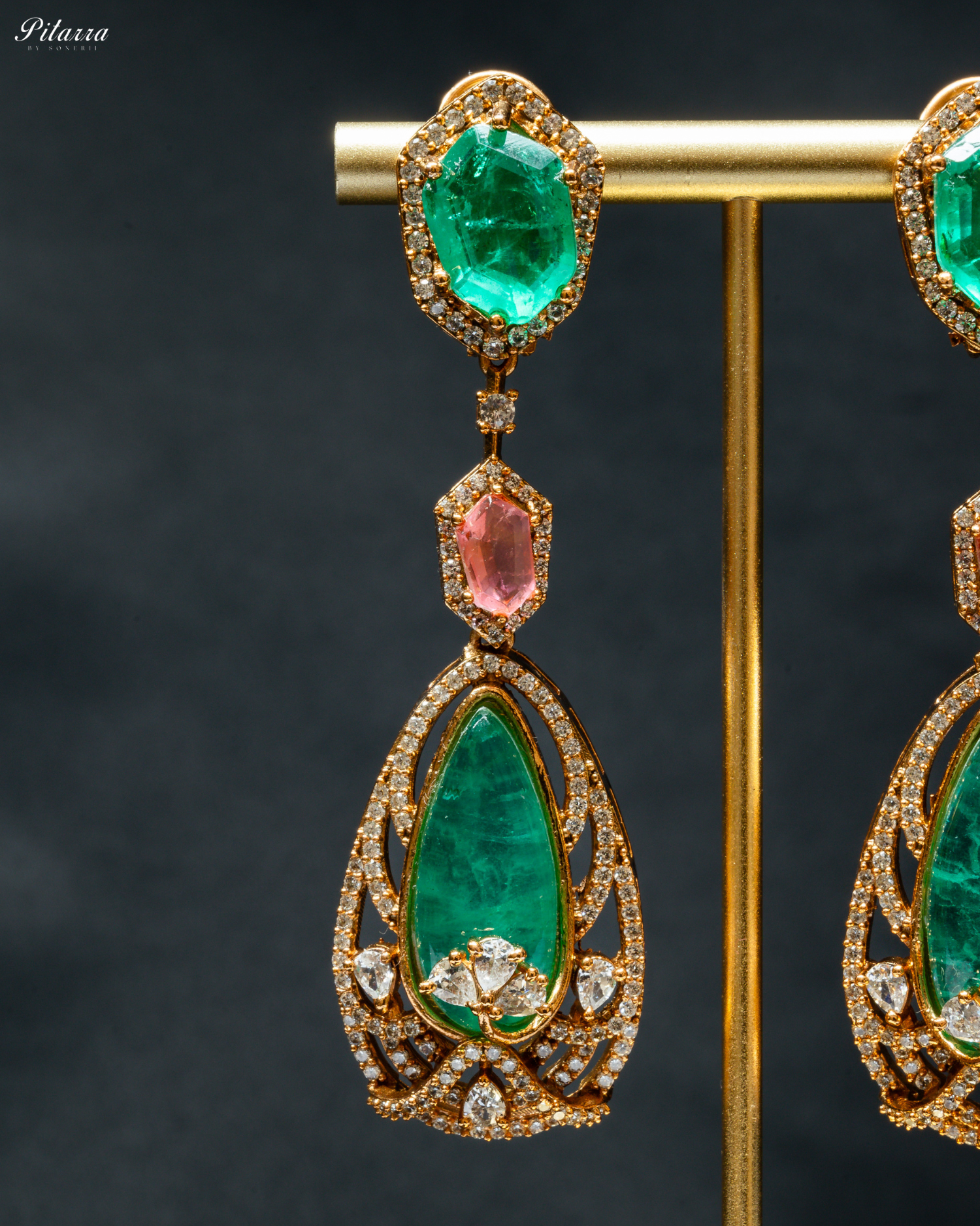 Pink and Green Doublet Stone with CZ Necklace Set_Zoom Earrings
