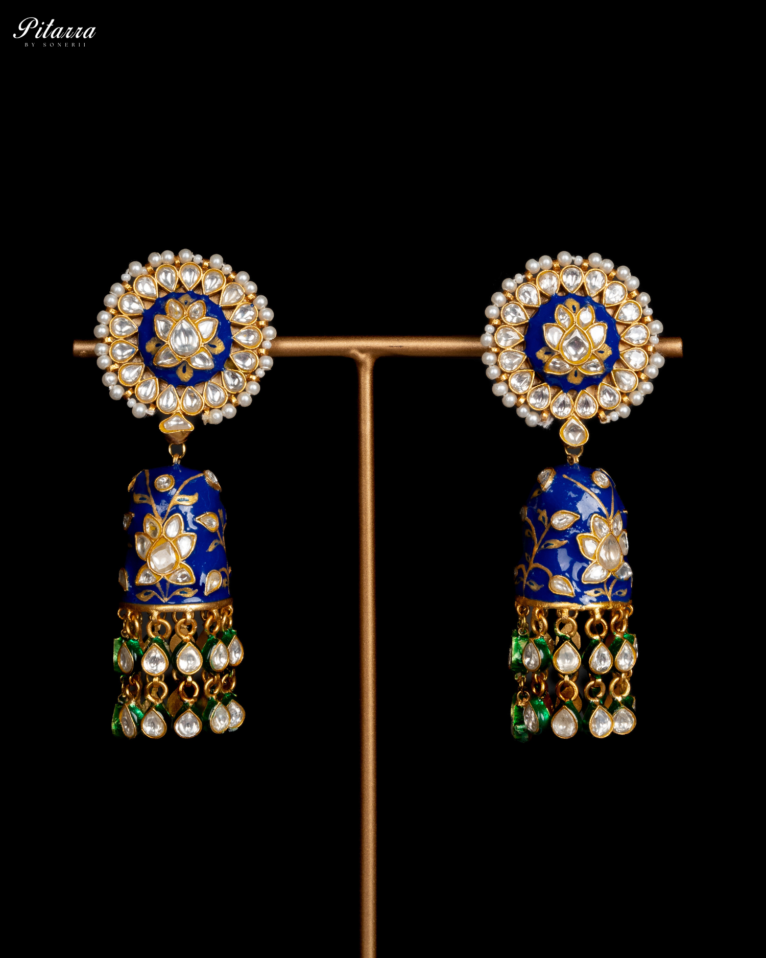 Pitarra Blue Polki Kundan Necklace Set with White Beads Earrings