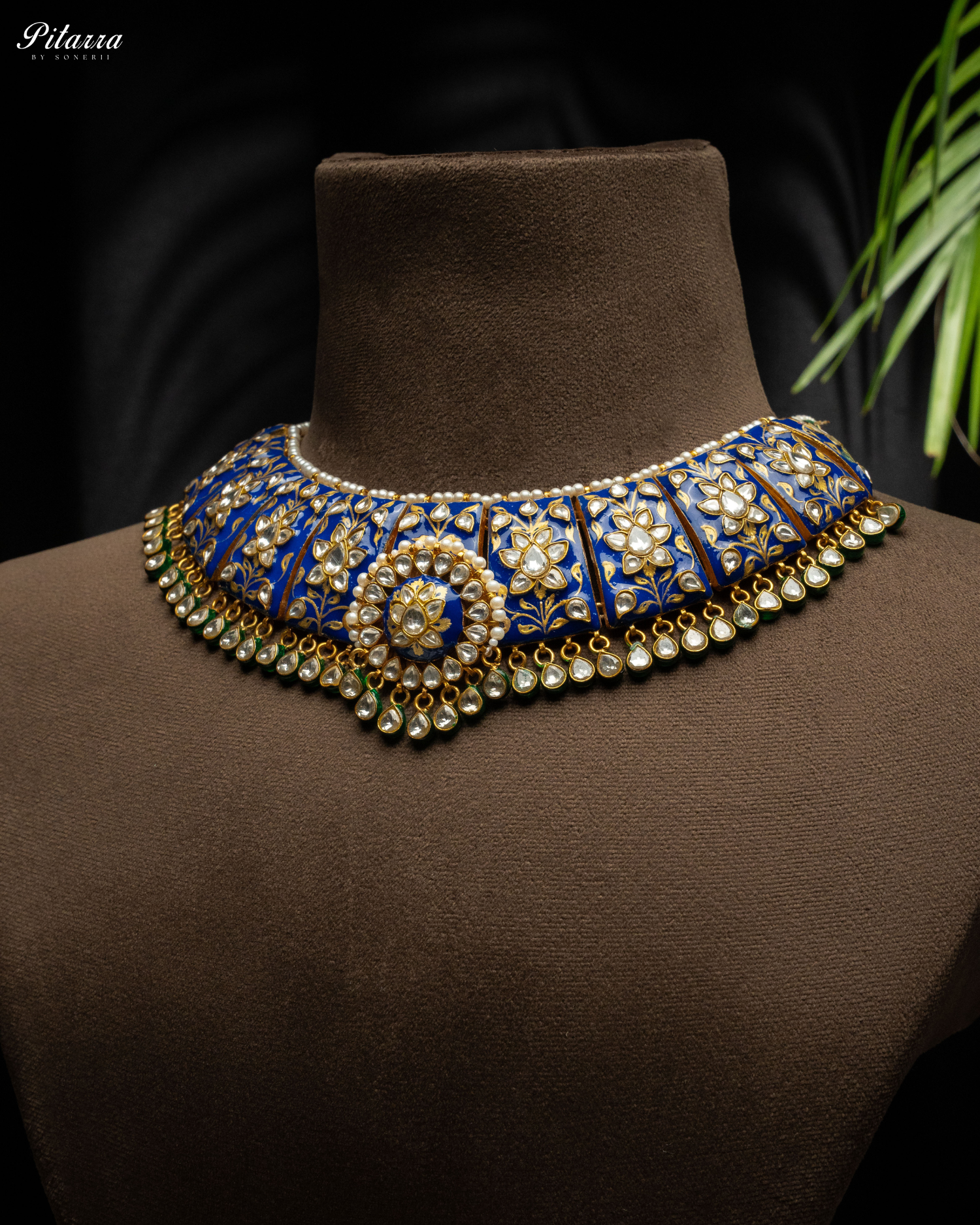 Pitarra Blue Polki Kundan Necklace Set with White Beads Left Angle
