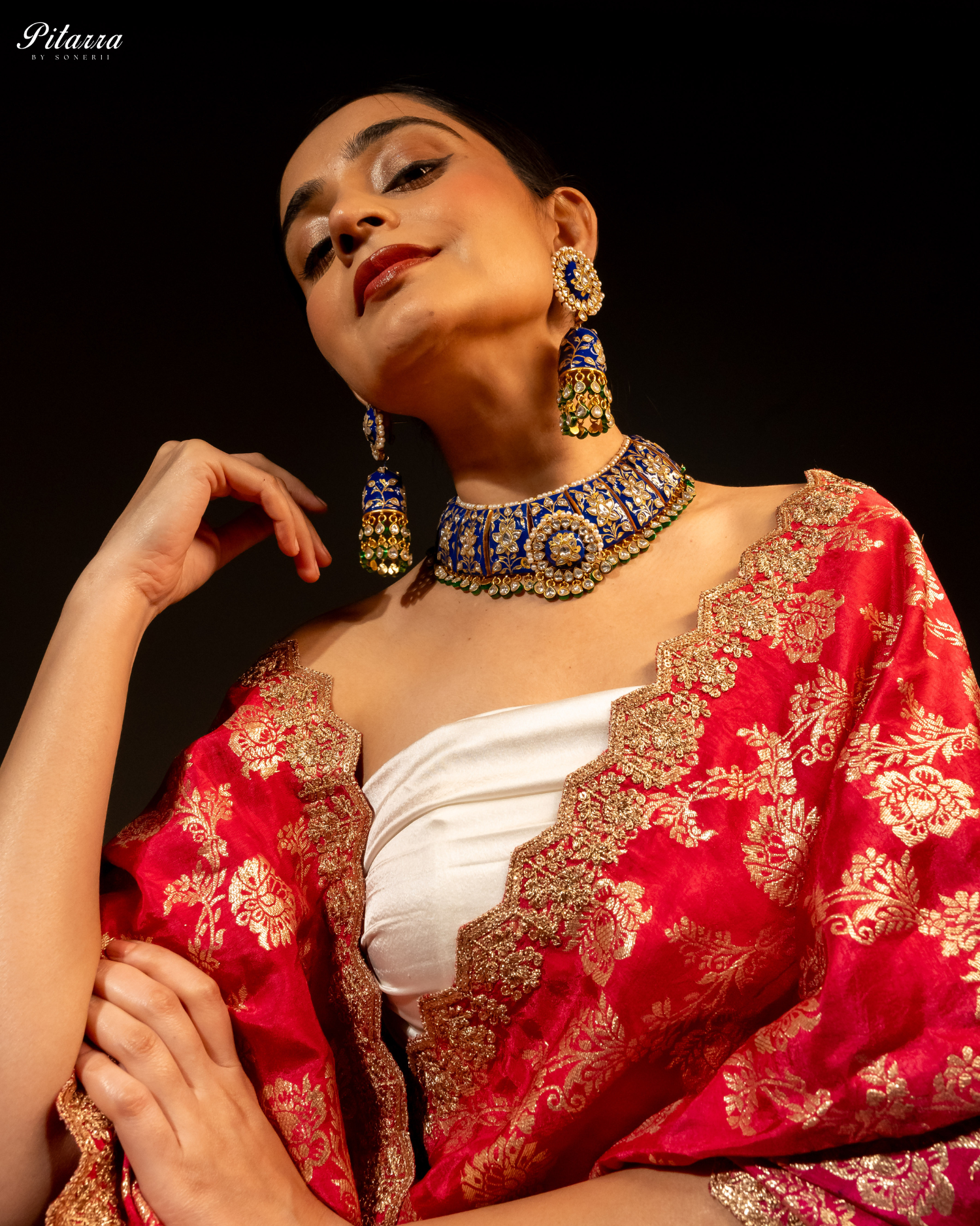 Pitarra Blue Polki Kundan Necklace Set with White Beads Model Beautiful