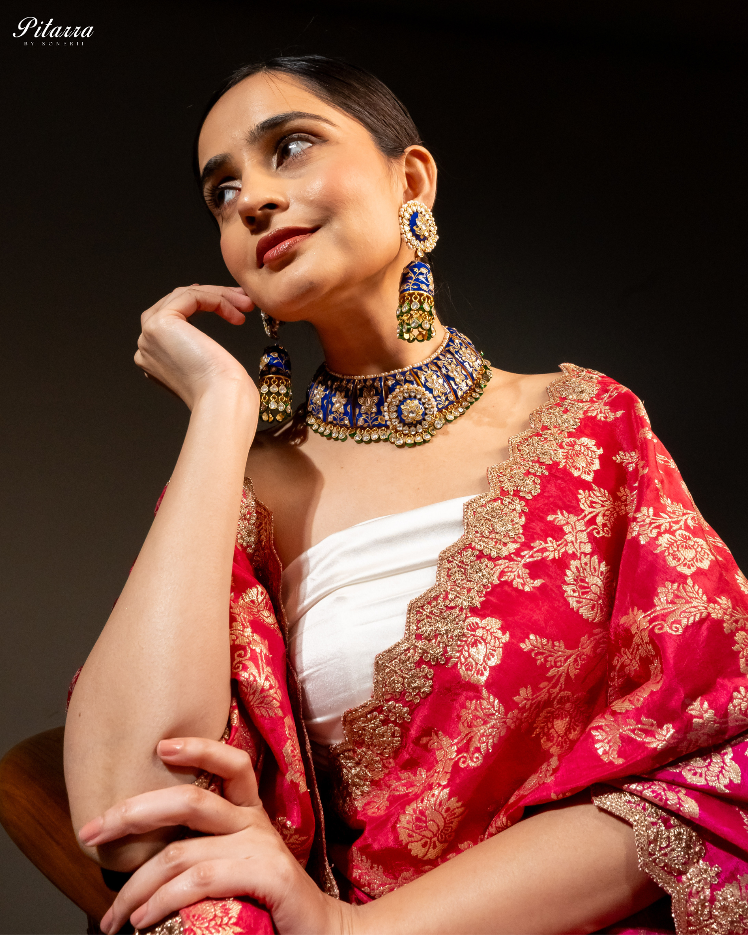 Pitarra Blue Polki Kundan Necklace Set with White Beads Model Full Shoot
