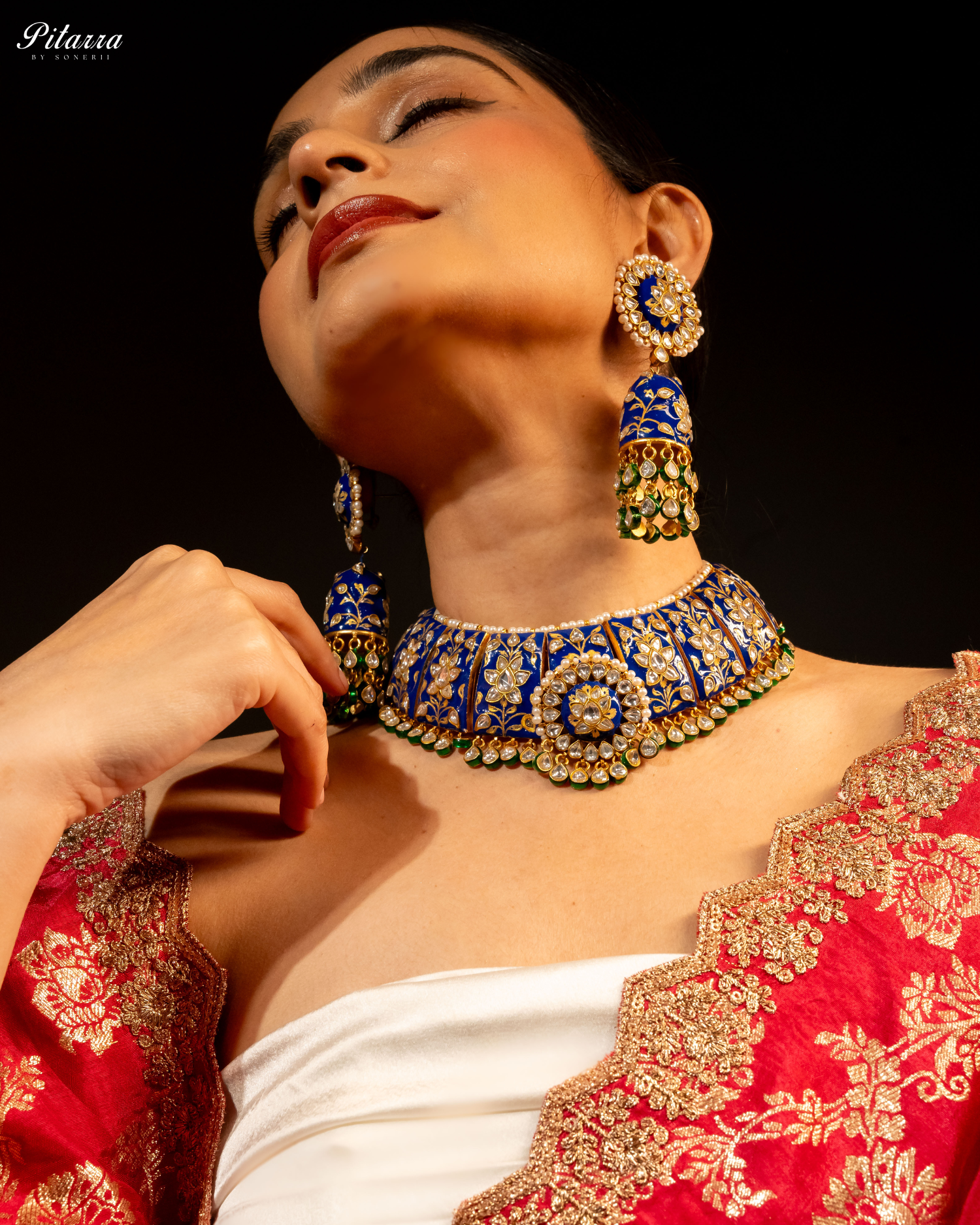 Pitarra Blue Polki Kundan Necklace Set with White Beads Model Shoot Front