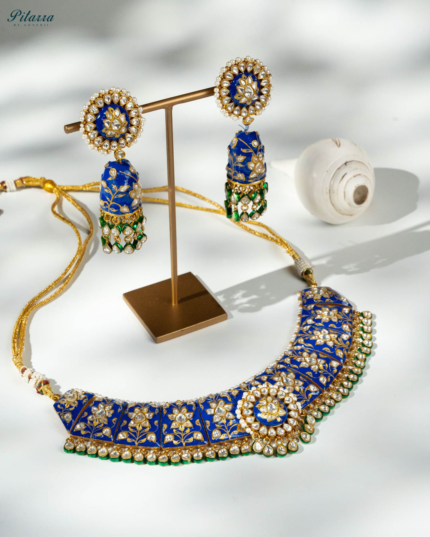 Pitarra Blue Polki Kundan Necklace Set with White Beads Style Shoot