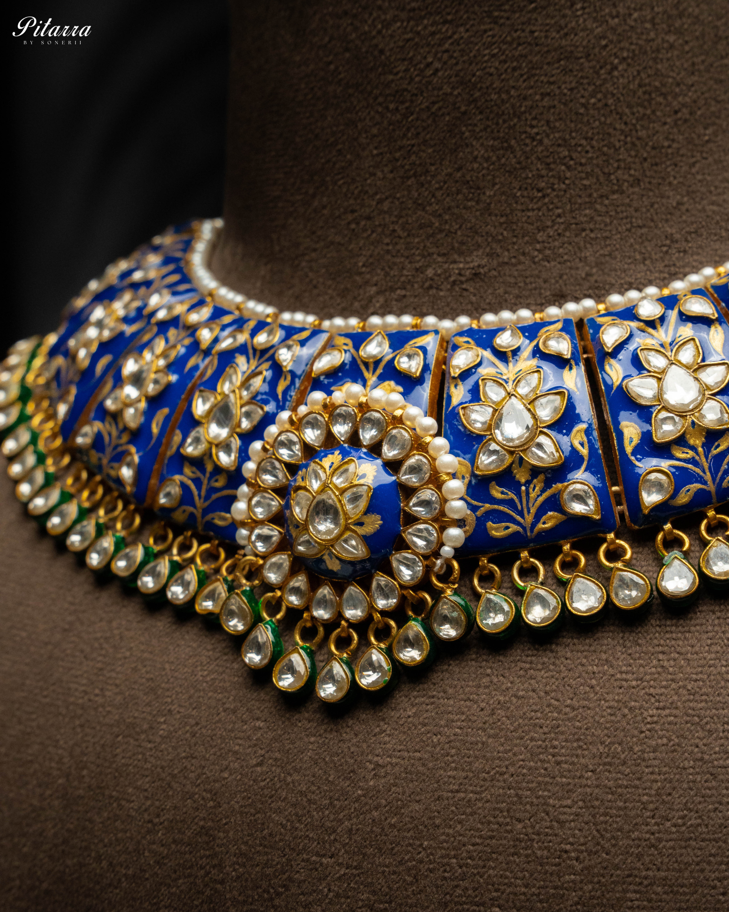 Pitarra Blue Polki Kundan Necklace Set with White Beads Zoom Angle