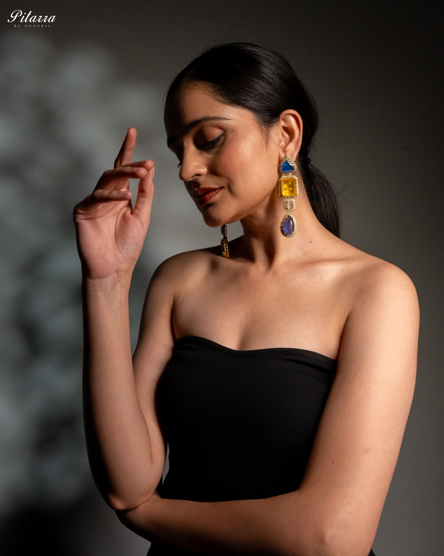 Pitarra Blue and Yellow Doublet Crystal Dangle Earrings Model Down Shoot