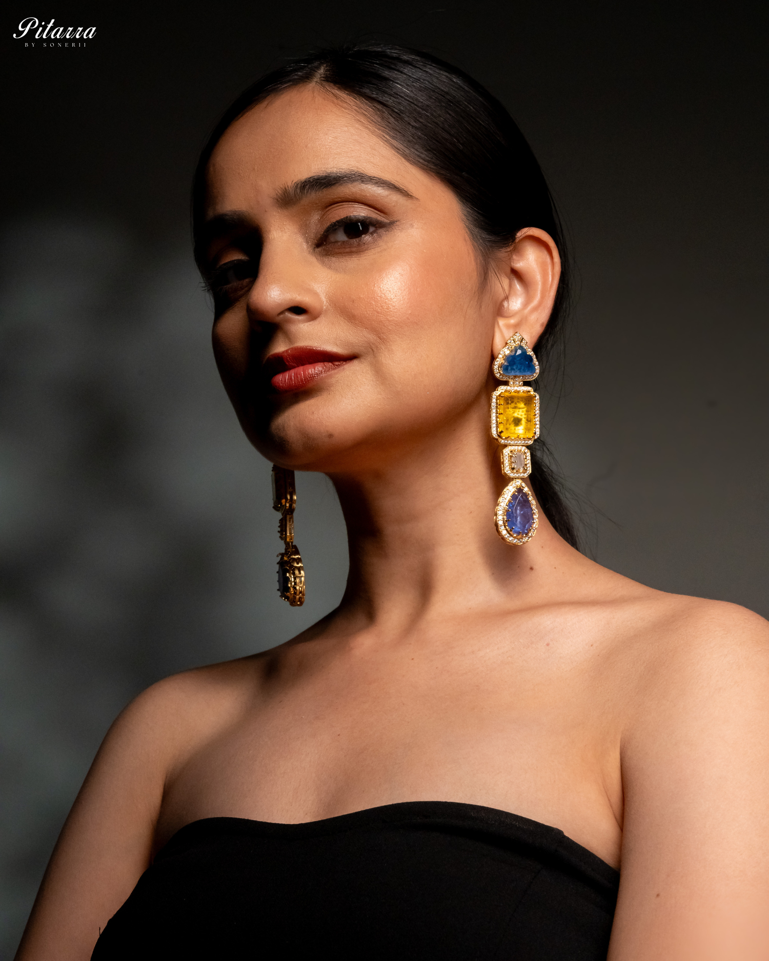 Pitarra Blue and Yellow Doublet Crystal Dangle Earrings Model Front Shoot