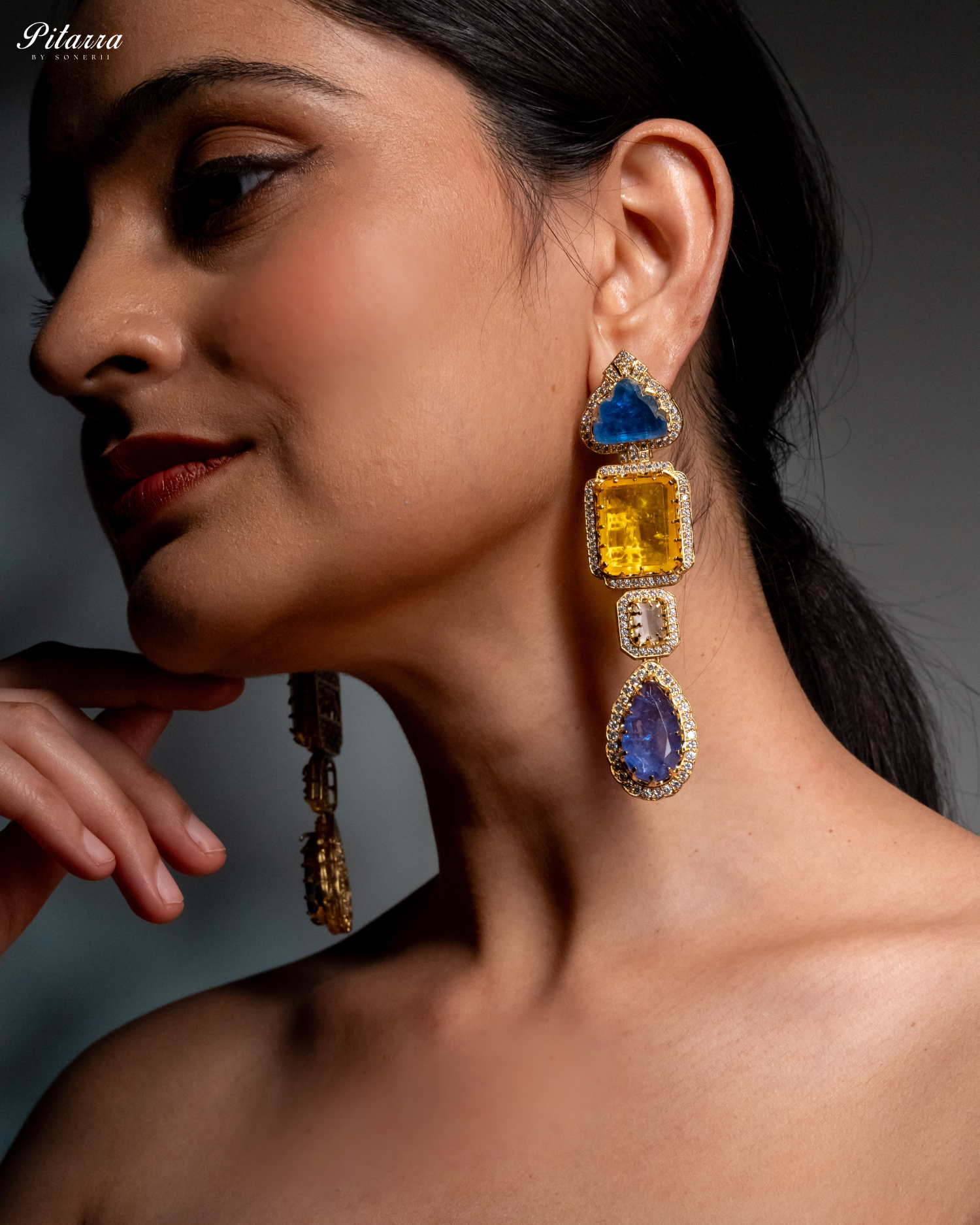 Pitarra Blue and Yellow Doublet Crystal Dangle Earrings Model Zoom Shoot