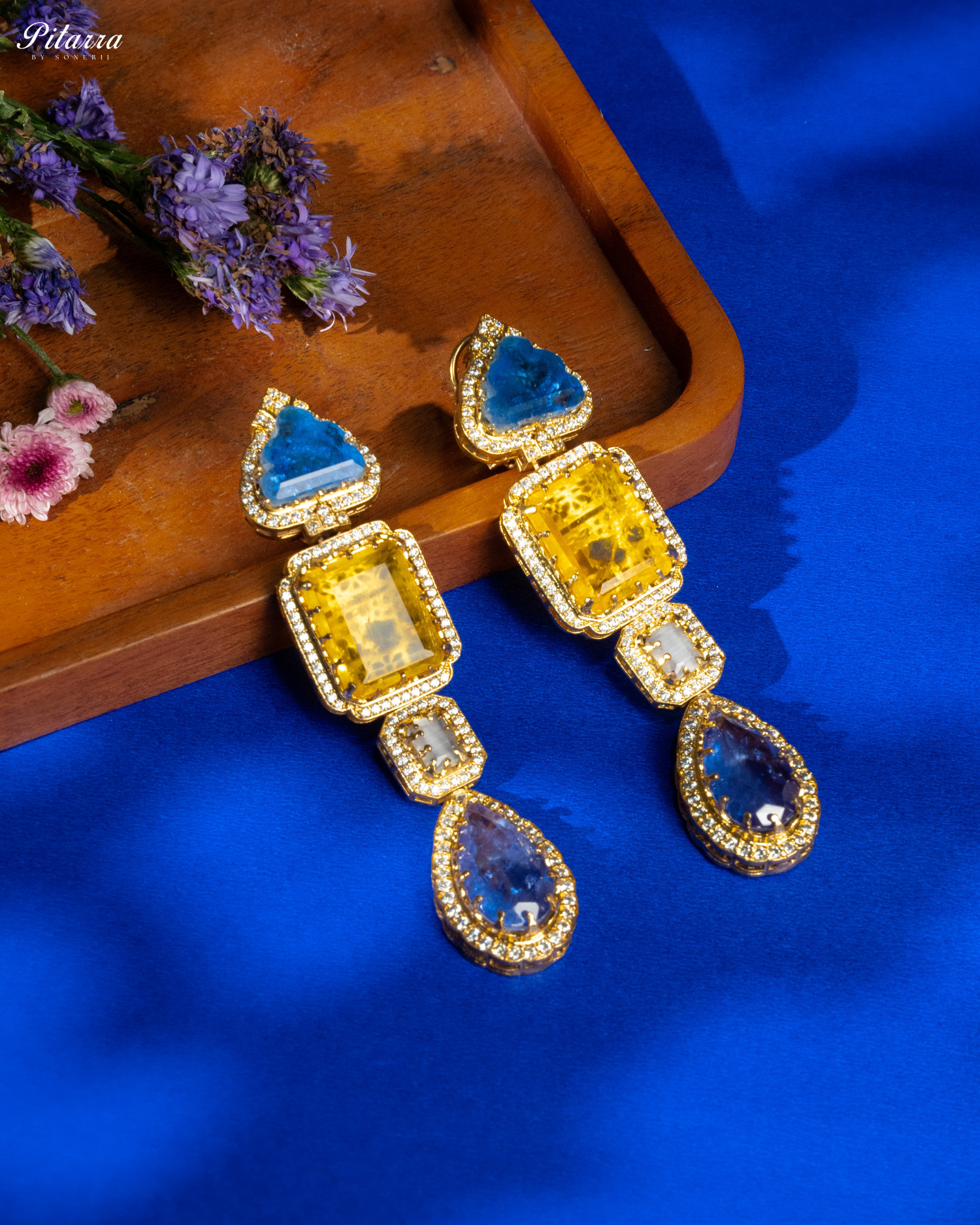 Pitarra Blue and Yellow Doublet Crystal Dangle Earrings Style Shoot