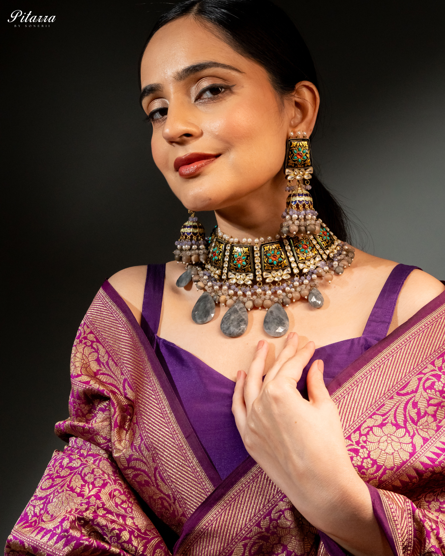 Pitarra Polki Silver Traditional Kundan Choker Necklace Set Full Model Shoot