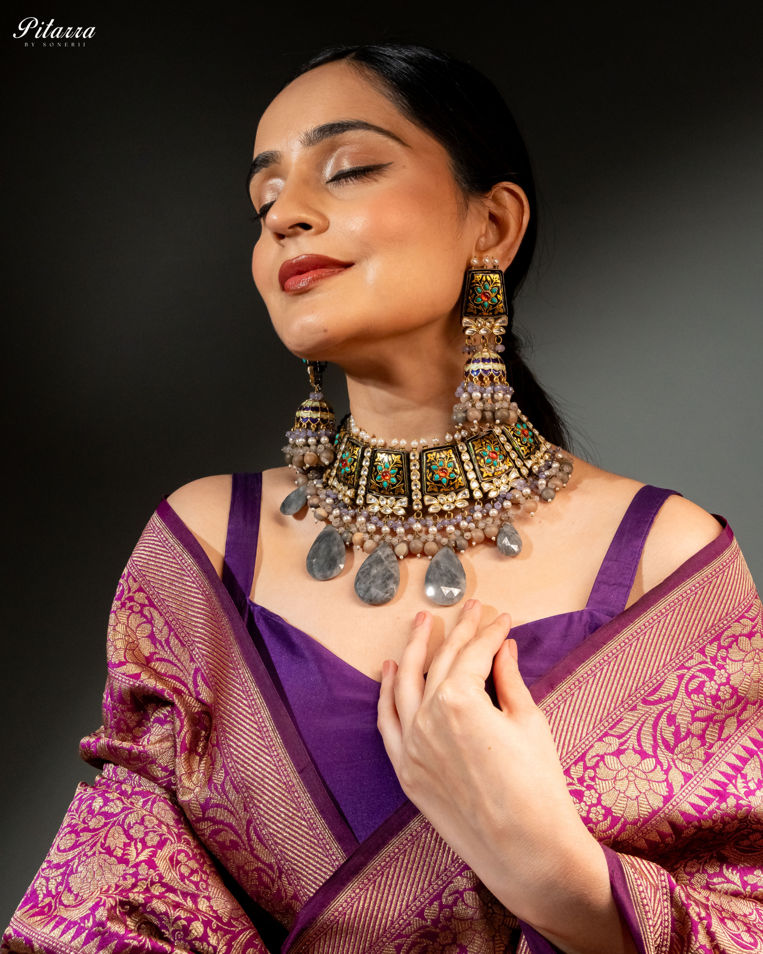 Pitarra Polki Silver Traditional Kundan Choker Necklace Set Model Shoot