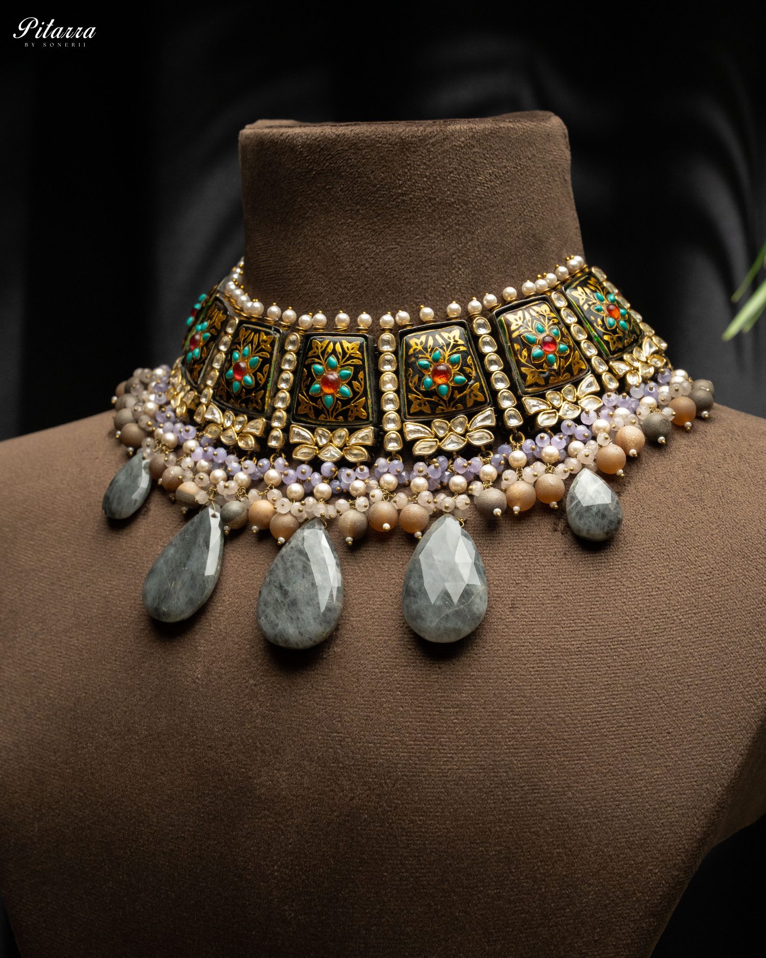 Pitarra Polki Silver Traditional Kundan Choker Necklace Set Side Angle