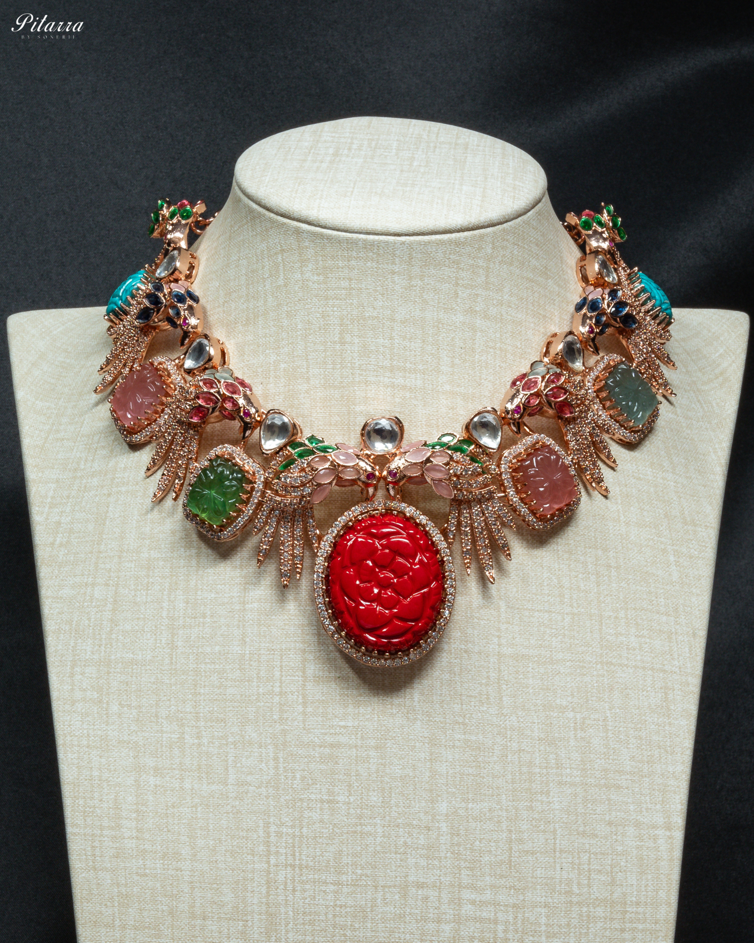 Pitarra Red Carved Stone in Rose Gold Necklace Set_Front Image