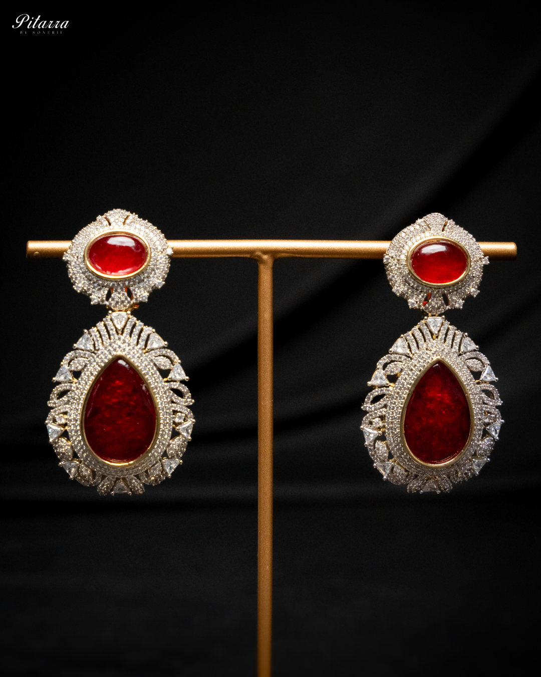 Pitarra Ruby Red Doublet Statement Earrings_Front Image