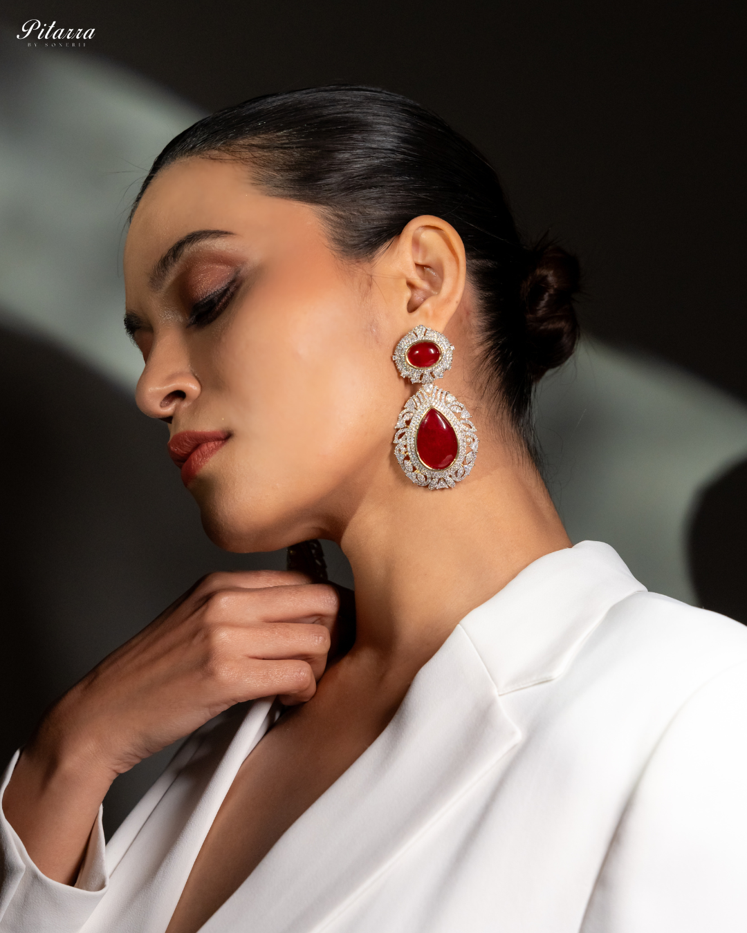 Pitarra Ruby Red Doublet Statement Earrings_Left Angle