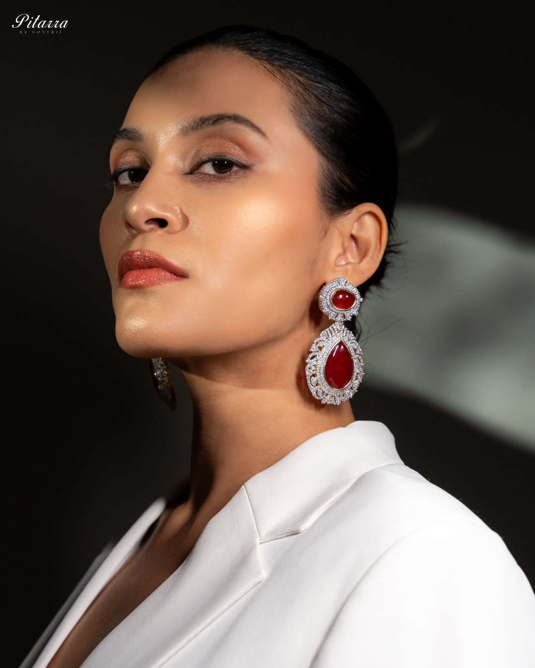 Pitarra Ruby Red Doublet Statement Earrings_Side Pose