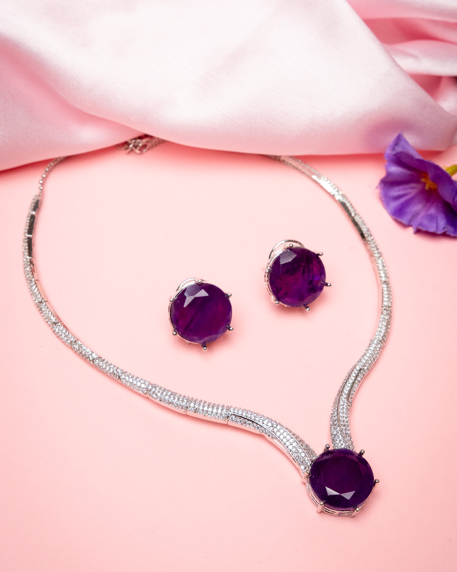 Purple Drop Stone CZ Necklace Set_Necklace Image