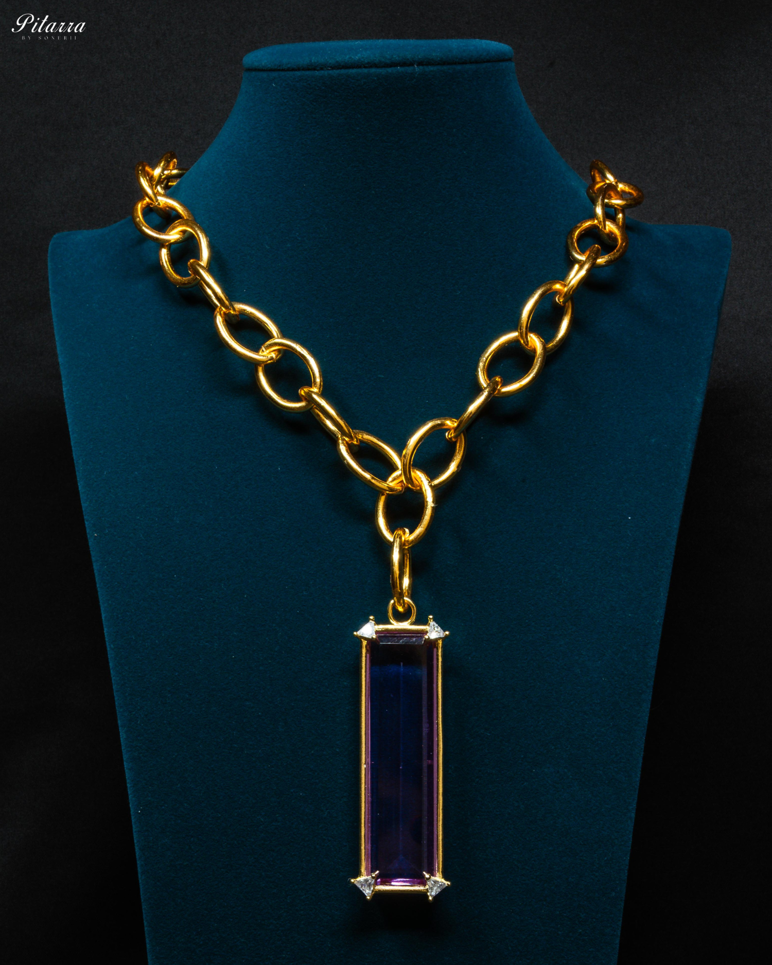 Rectangle Amethyst Crystal Doublet Chain Necklace_Front Image