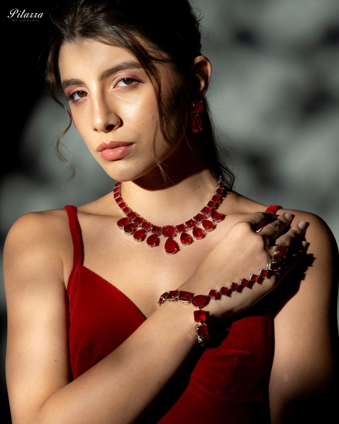 Red Crystal Choker Necklace Set_Side Pose