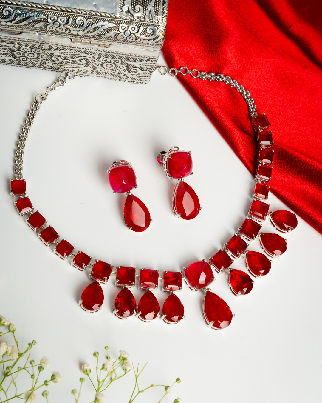 Red Crystal Choker Necklace Set_White Background