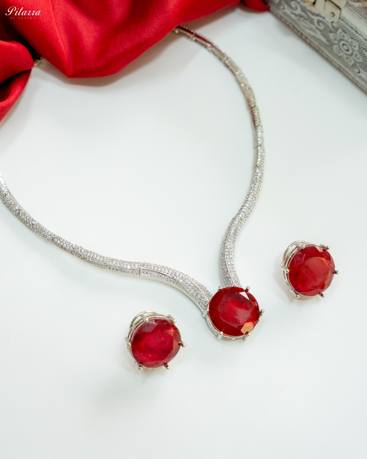 Red Drop Stone CZ Necklace Set_White Background