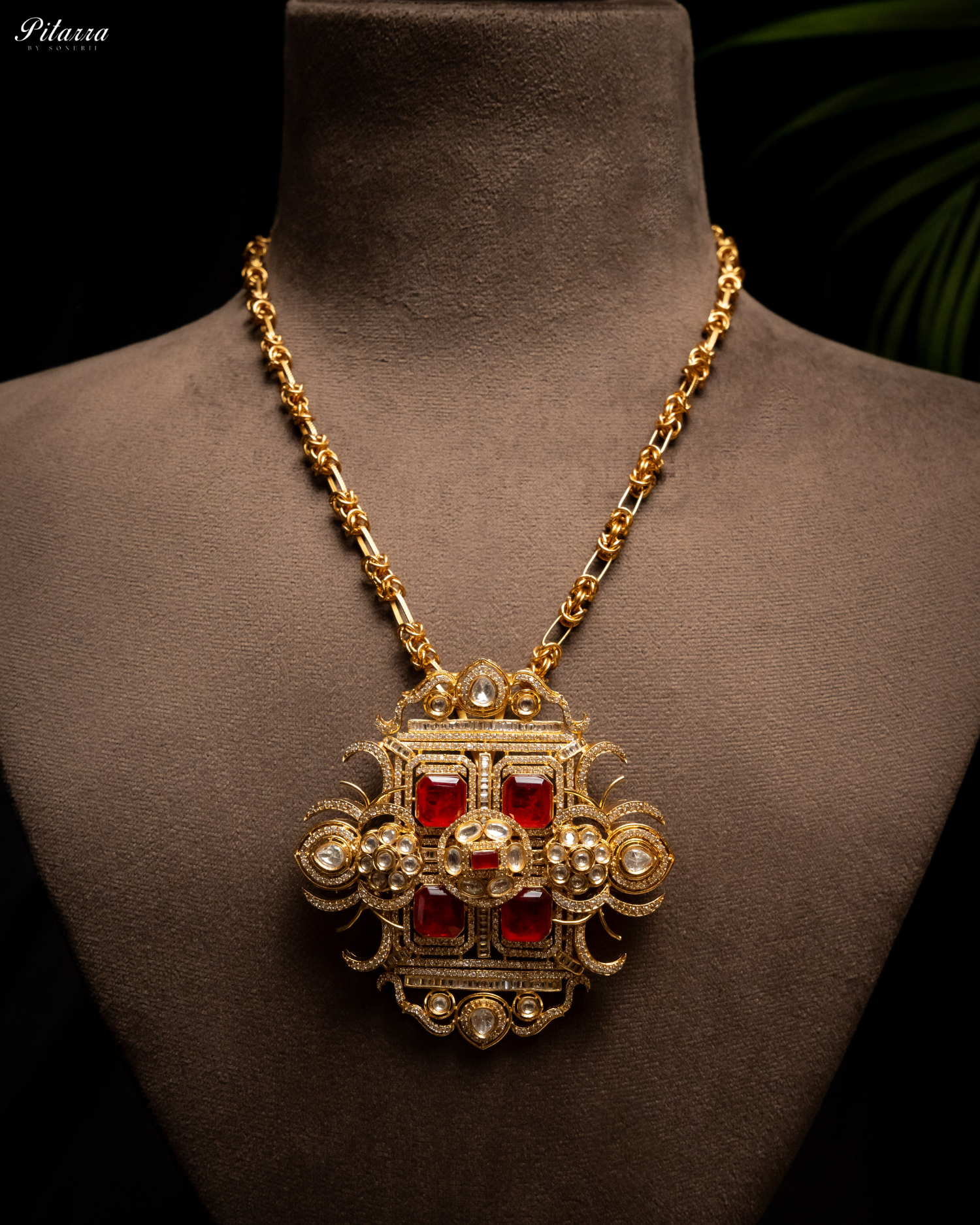Red Moissanite Stone Long Necklace Set_Front Angle