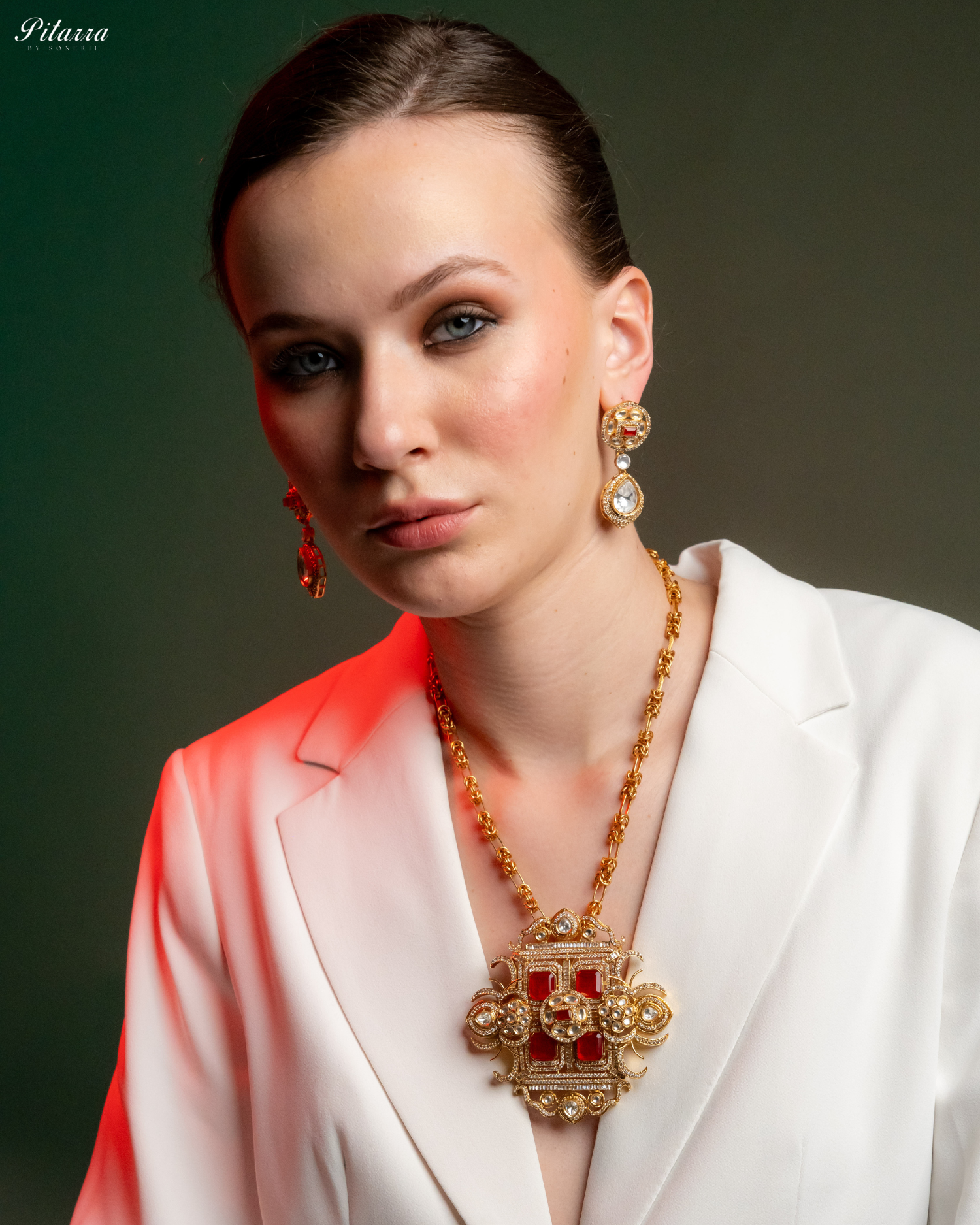 Red Moissanite Stone Long Necklace Set_Front Pose