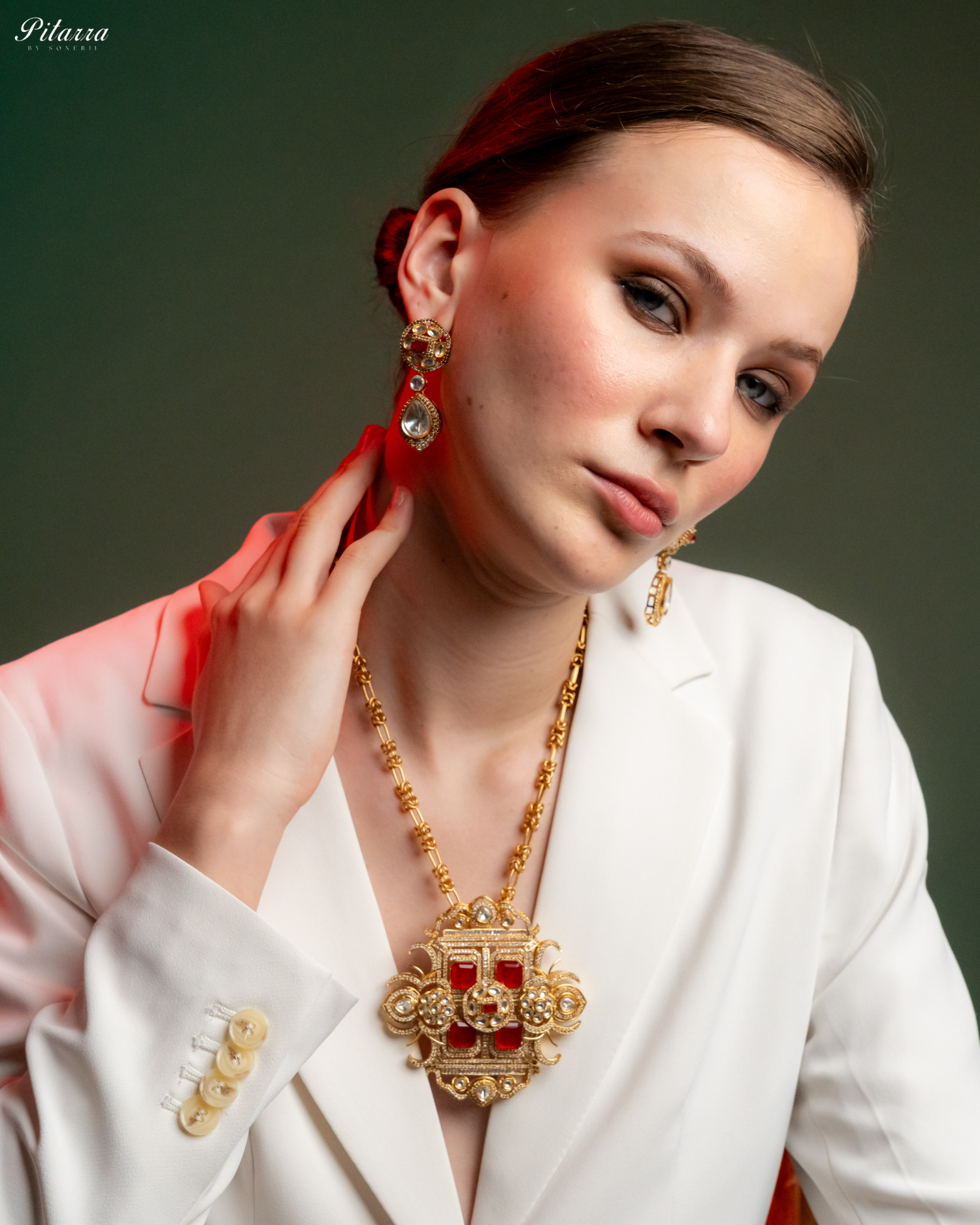 Red Moissanite Stone Long Necklace Set_Right Angle