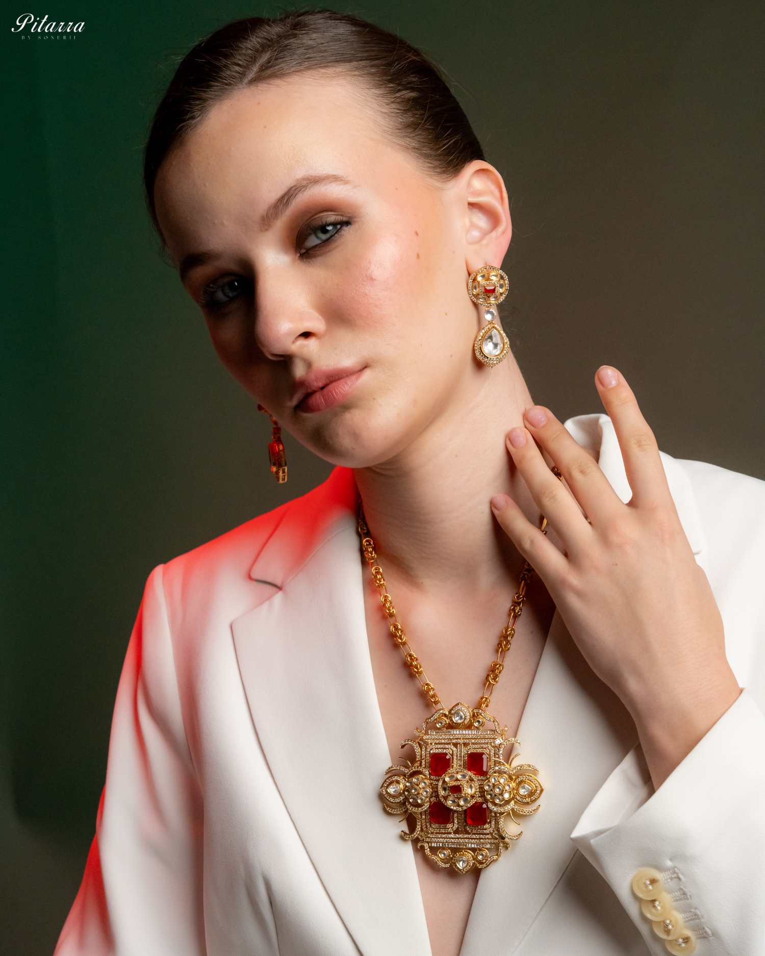 Red Moissanite Stone Long Necklace Set_Side