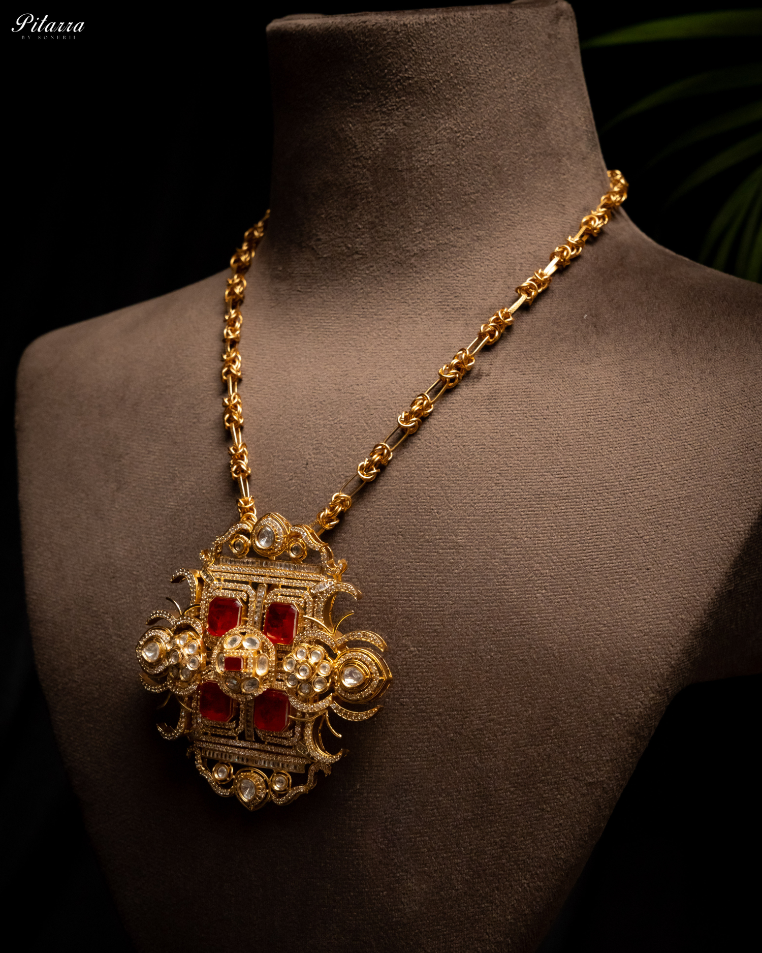 Red Moissanite Stone Long Necklace Set_Side Angle