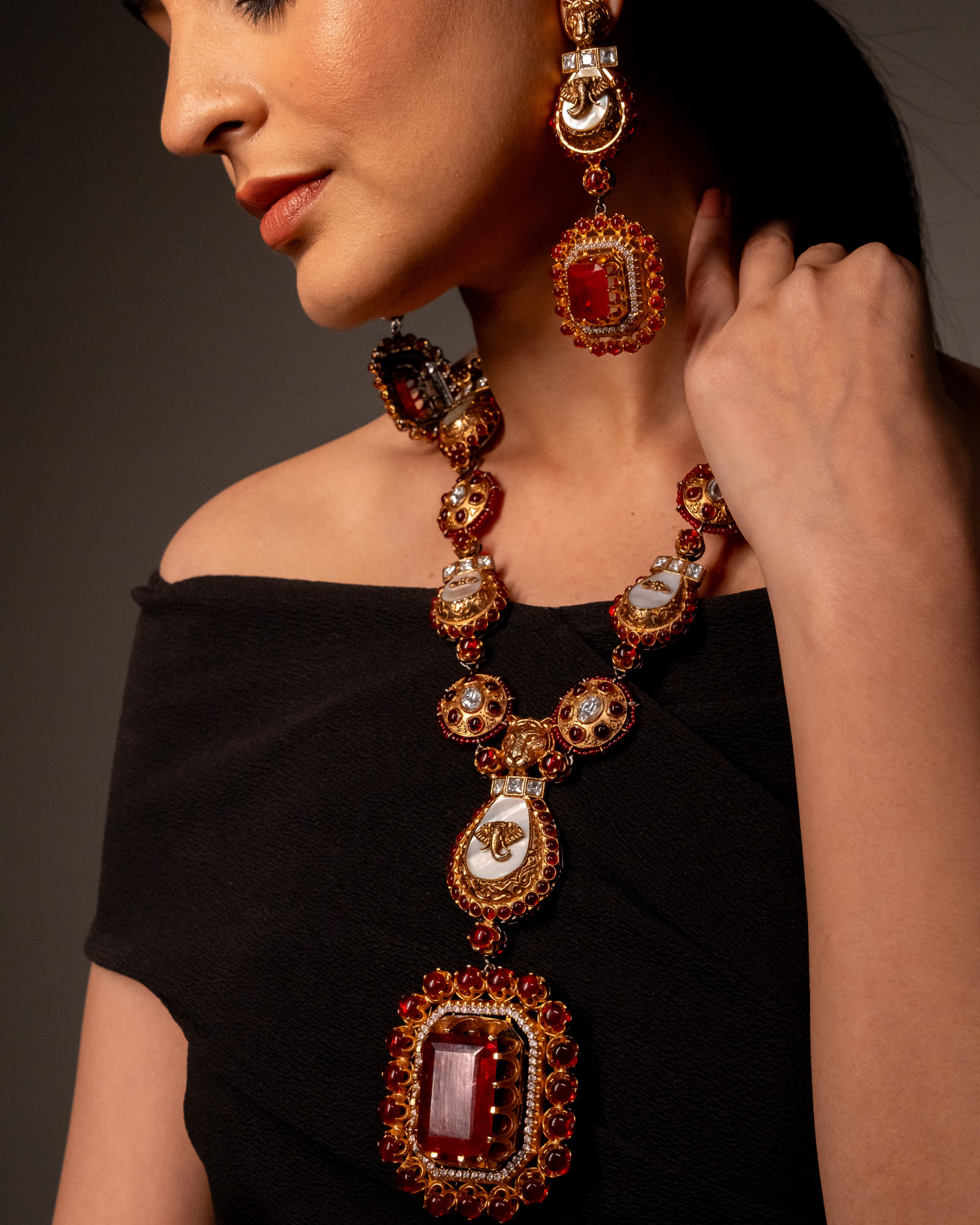 Red Ruby Polki Traditional Kundan Necklace Set Model Front Shoot